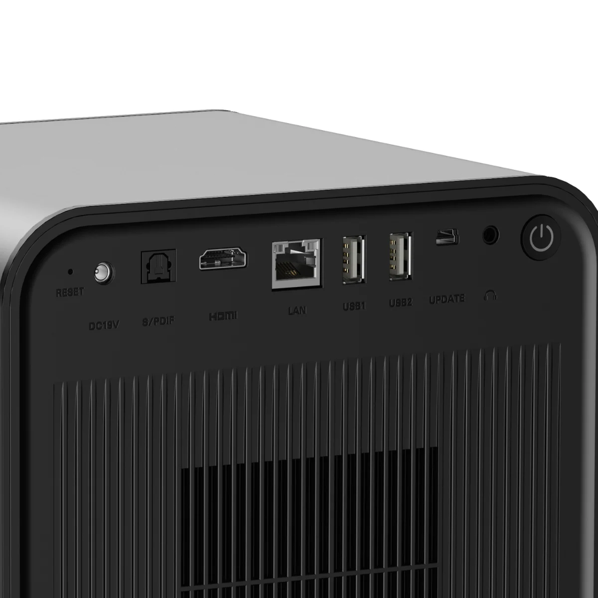 Cihazın arkası bağlantı noktalarıyla: DC19V, Reset, S/PDIF, HDMI, LAN, USB1, USB2, Update, Power.
