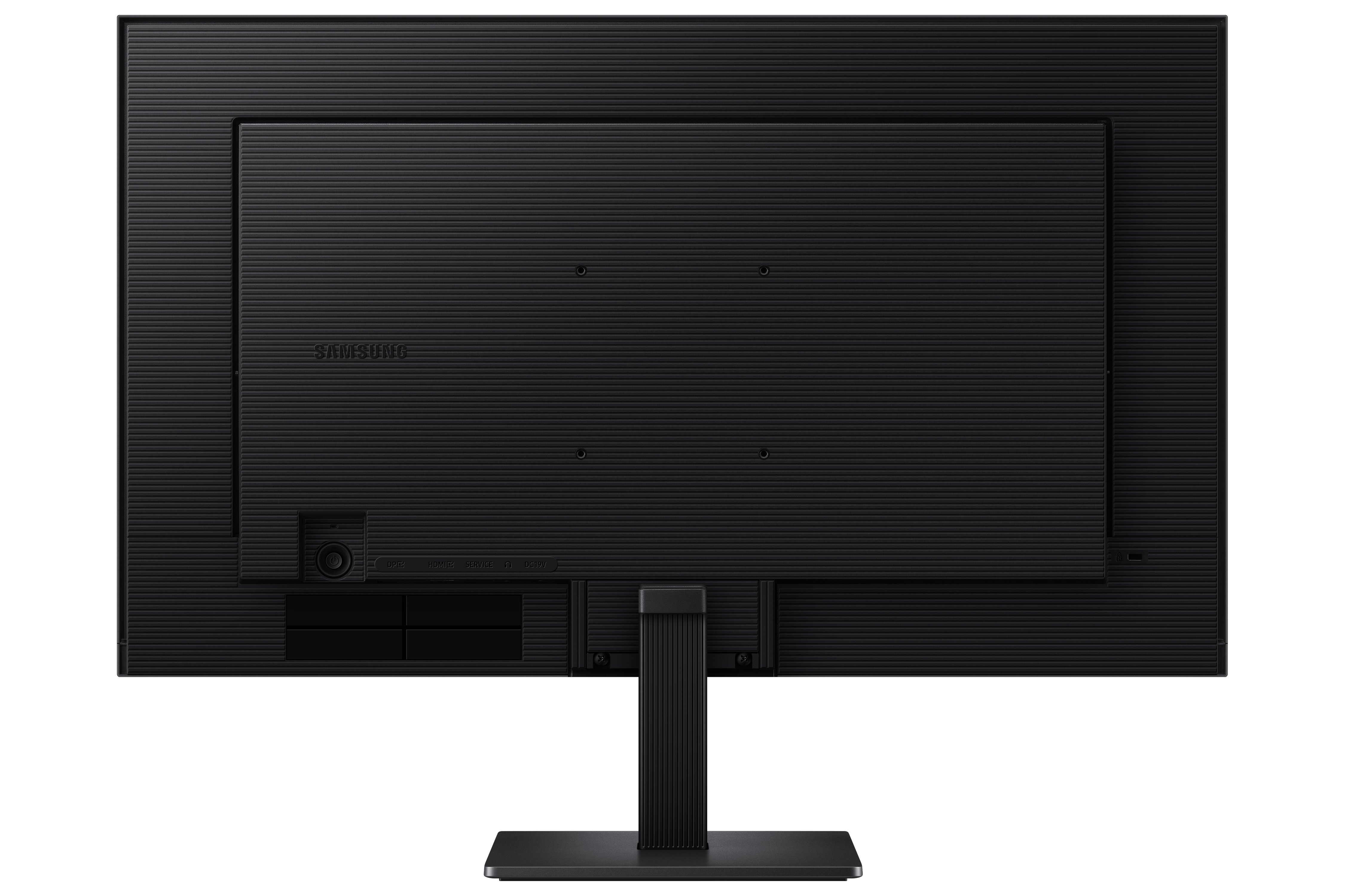 Rückansicht eines schwarzen Samsung-Monitors mit Anschlüssen und gerippter Textur.
