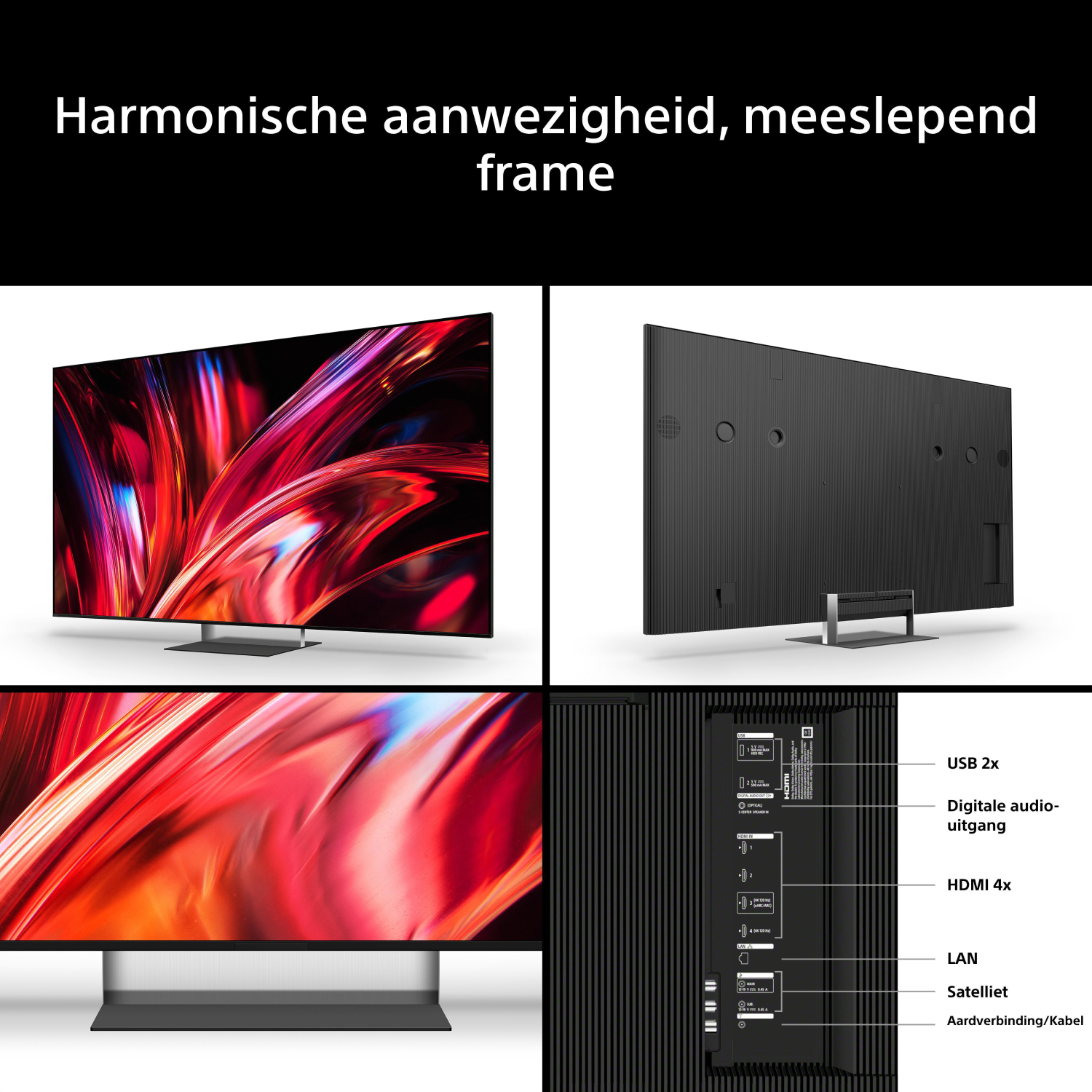 Modern TV with red and blue abstract patterns, rear with connections labeled.