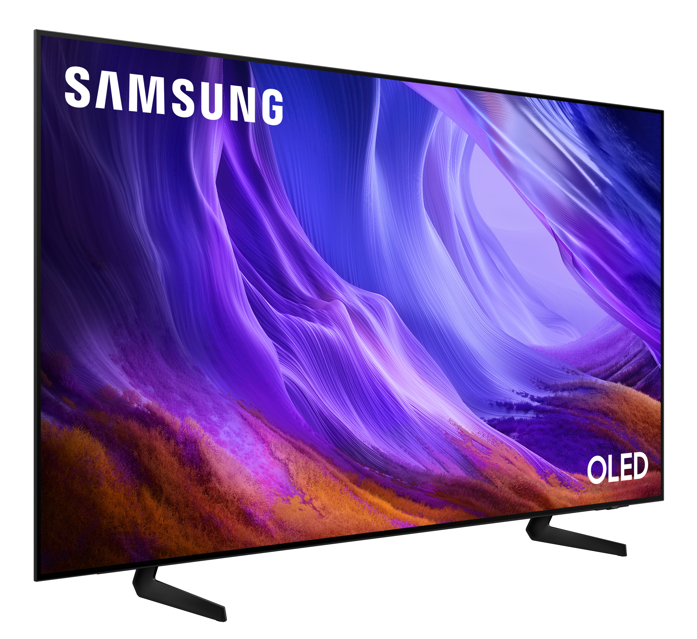 Telewizor Samsung OLED wyświetla abstrakcyjne, fioletowo-pomarańczowe tło.