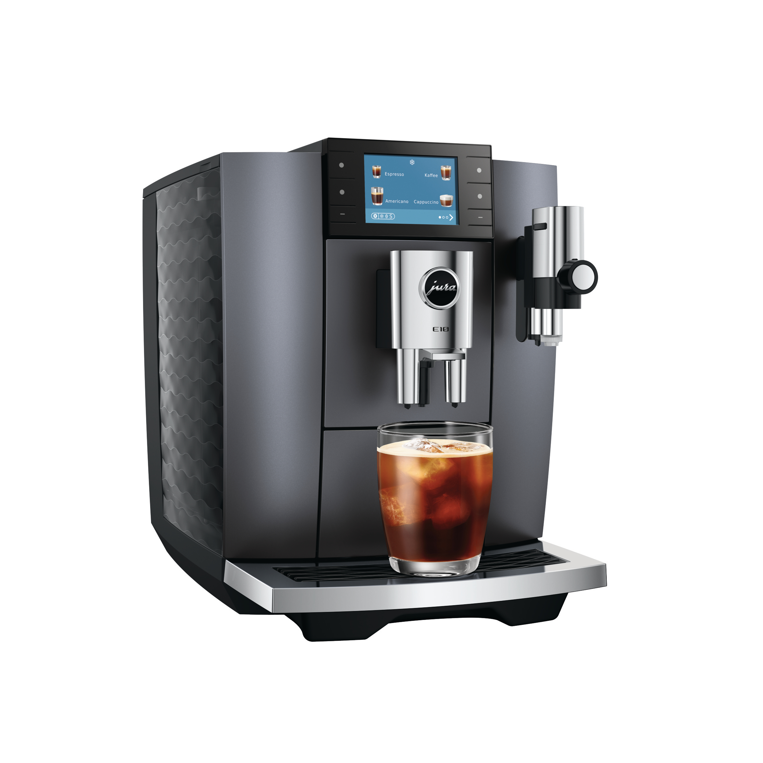 Graue Kaffeemaschine mit Glas und Eiswürfeln, Display zeigt Kaffeespezialitäten an.