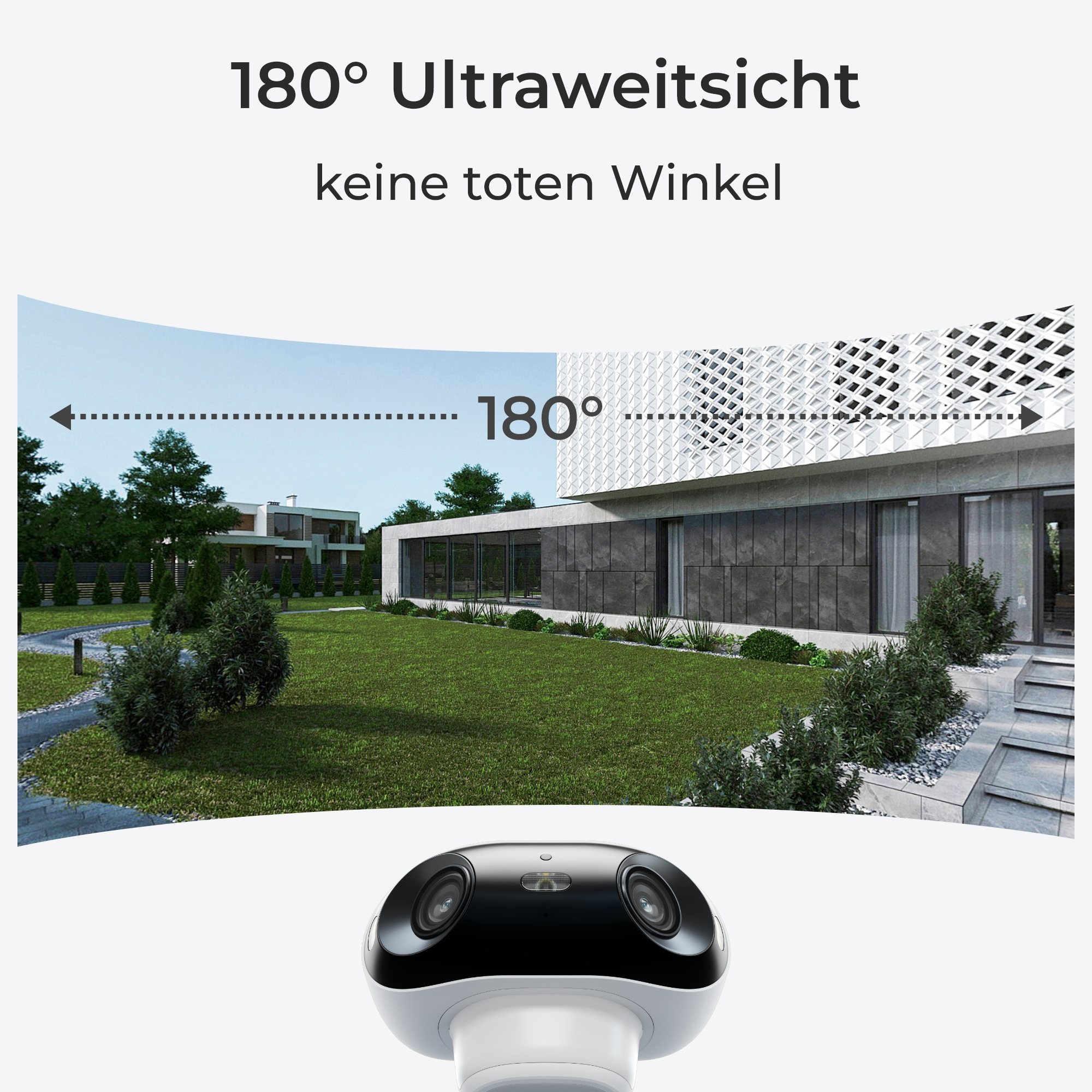 Eine Kamera mit 180 Grad Sicht vor einem modernen Haus mit Garten.