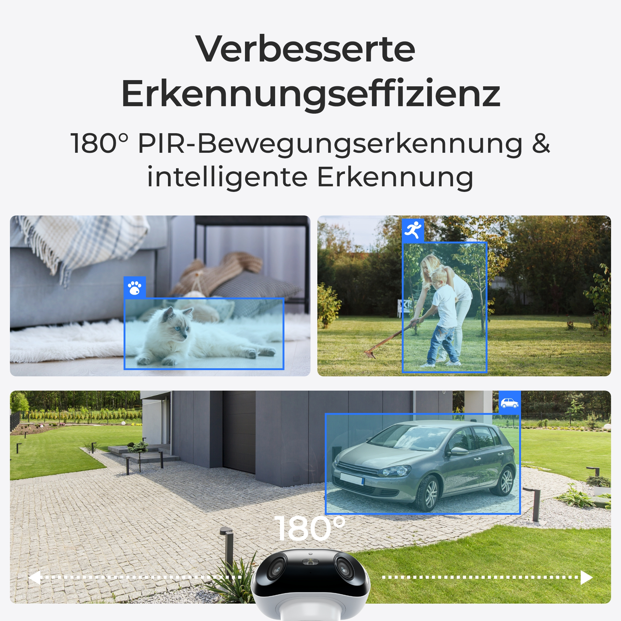 Ein flauschiges weißes Kätzchen liegt auf einem Teppich. Ein Mann und ein Kind im Garten, eine graue Limousine, ein 180°-Kamera-Logo.