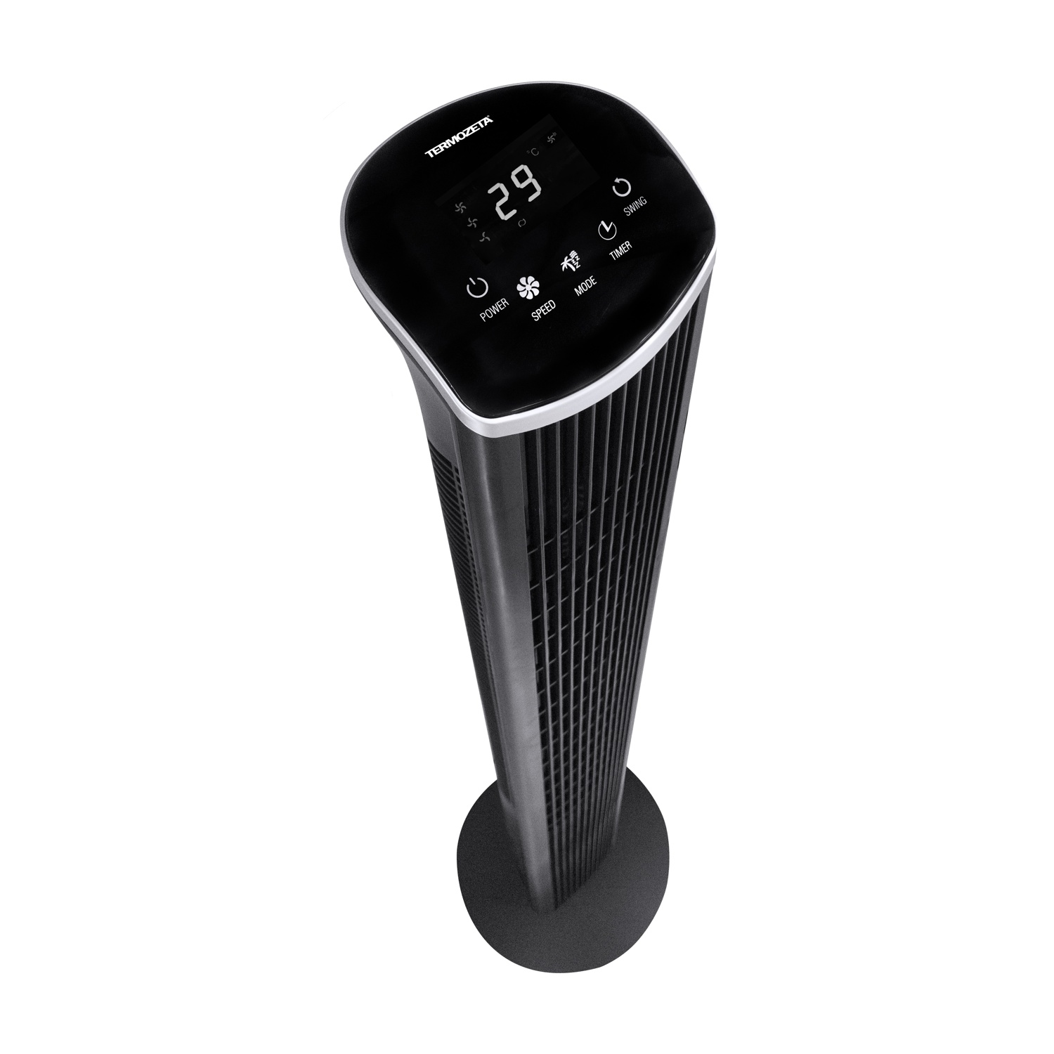 Un'elegante ventola a torre nera con display digitale e pulsanti di controllo.
