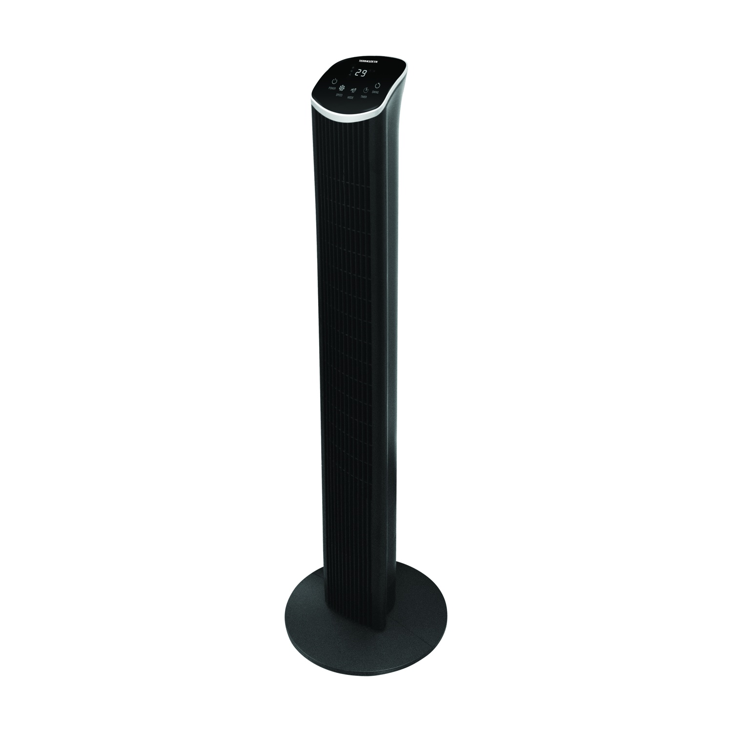 Un'elegante ventola a torre nera con display digitale e base rotonda.