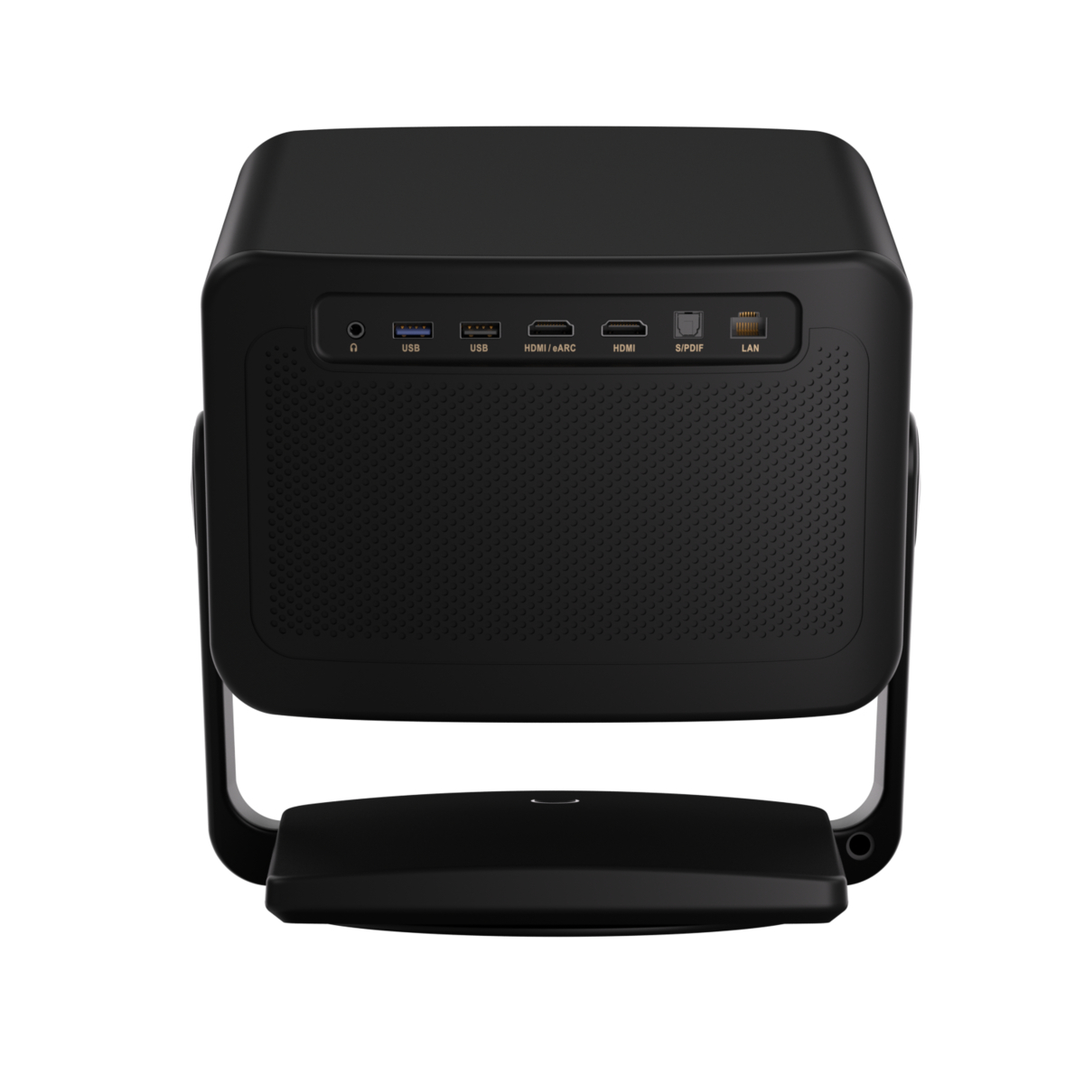 Schwarzer Projektor mit Anschlüssen: USB, HDMI, S/PDIF, LAN. Weißer Hintergrund.