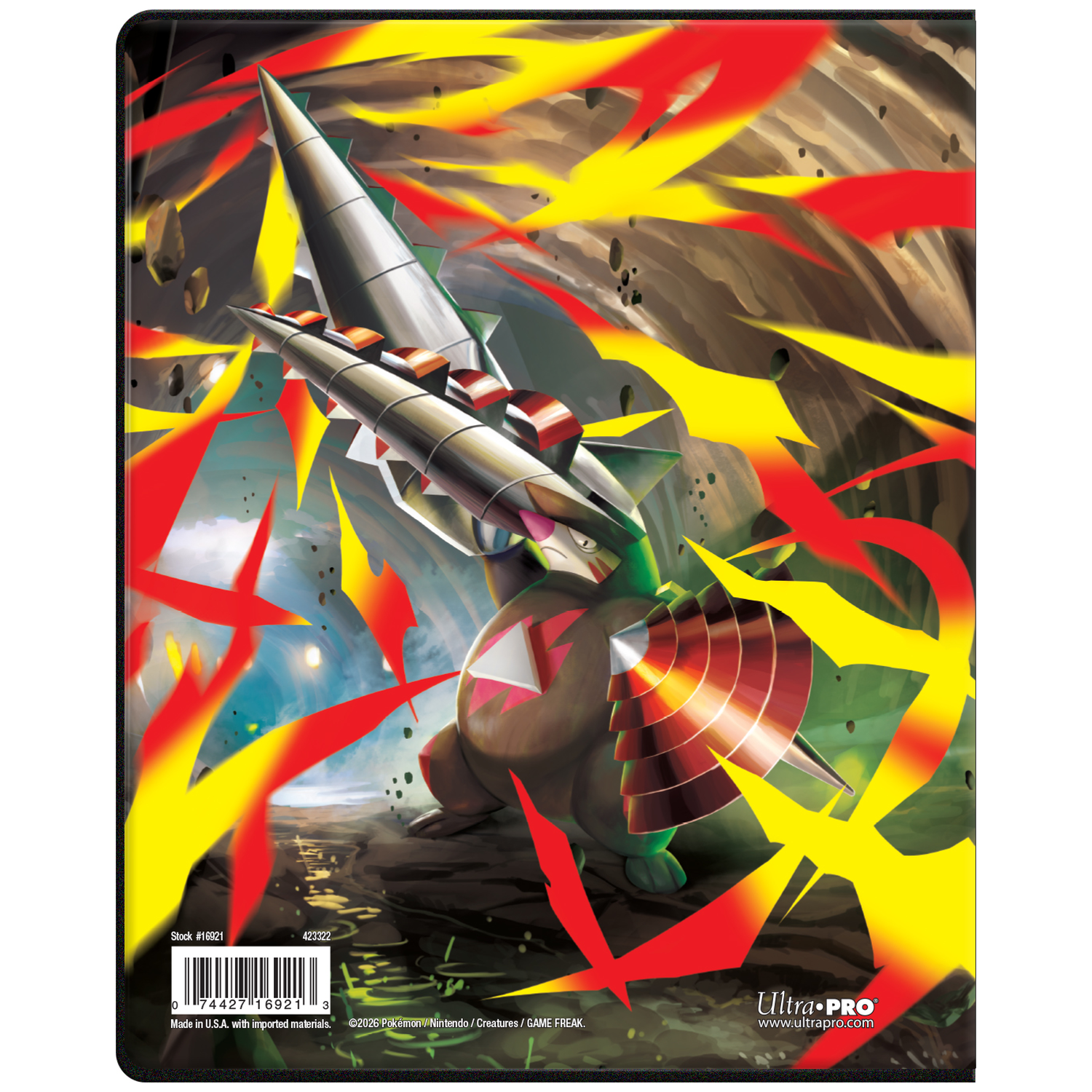 A Pokémon monster with rockets fights in a rocky cave with red and yellow lightning.