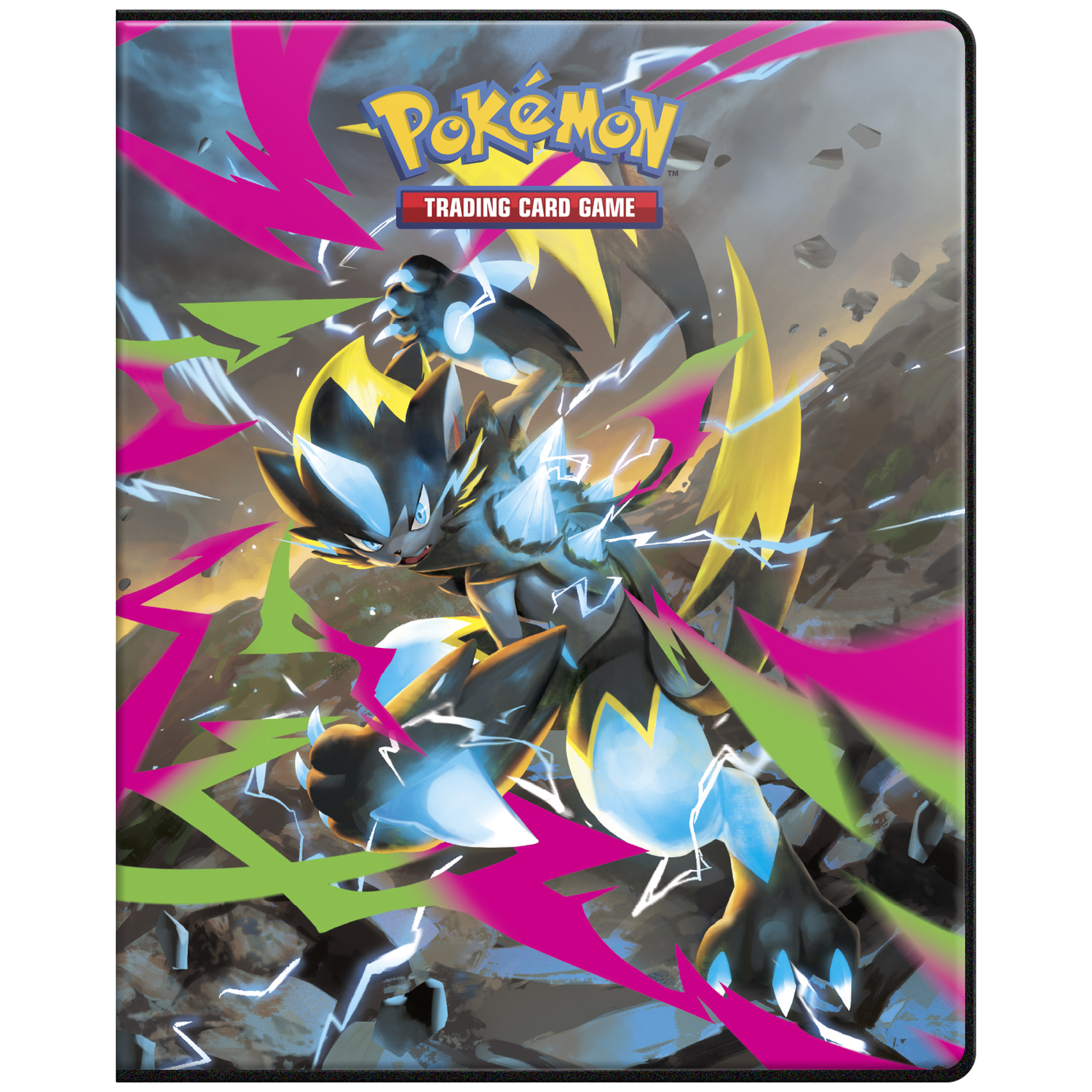 Pokemon Trading Card Game binder cover with a black and blue creature surrounded by pink and green lightning.