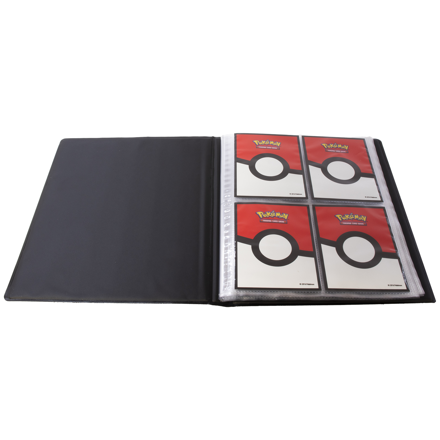 Black binder open, showing Pokémon card backs in red and white.