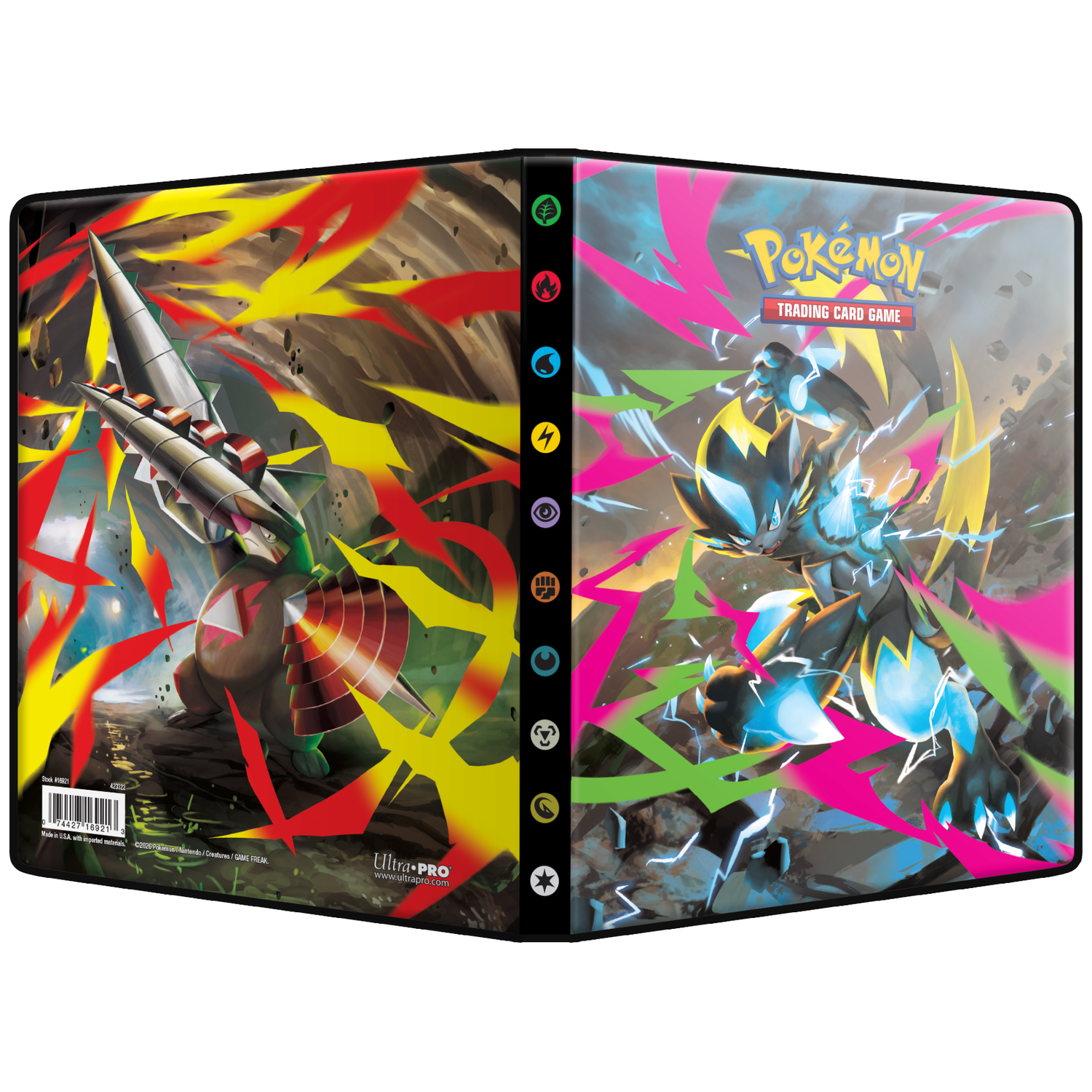 A Pokemon trading card binder with two distinct illustrated covers featuring Pokemon characters.