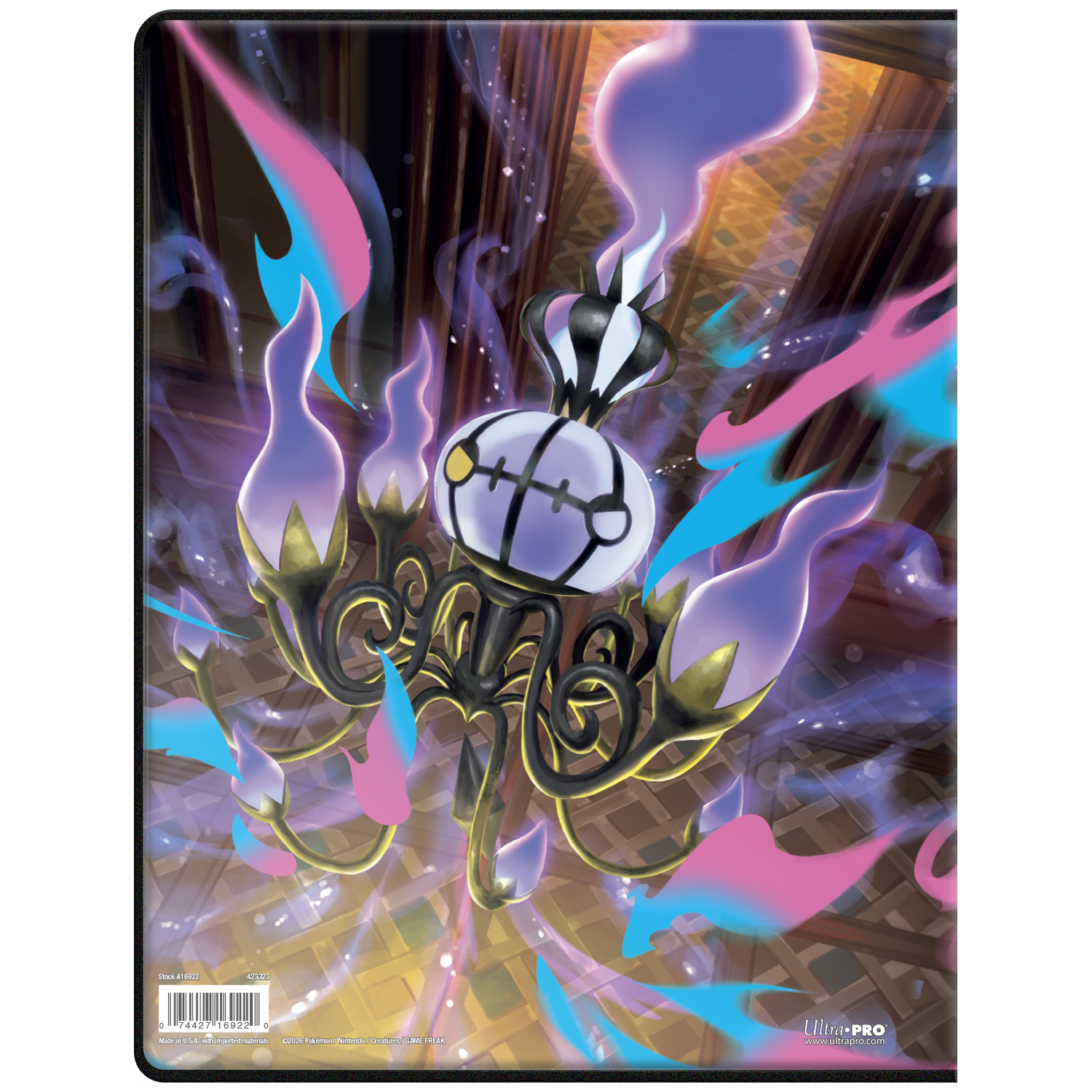 A purple chandelier Pokémon with blue and pink flames, set against a dark, ethereal background.
