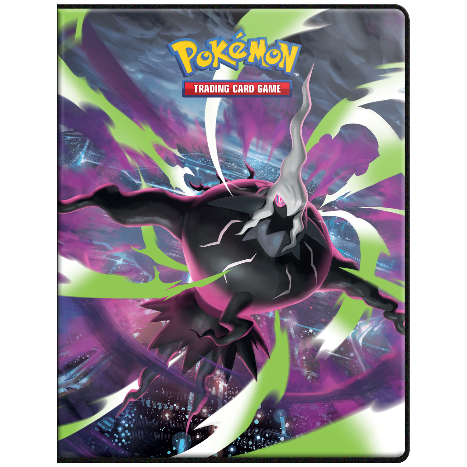 Pokemon logo above dark creature with pink and green energy waves against city background.