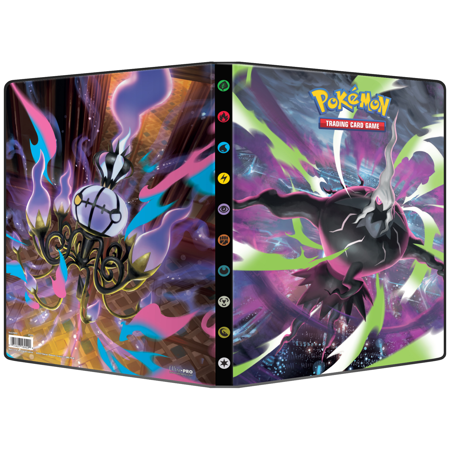 Pokemon binder open, left features Chandelure, right features Darkrai. Colorful energy swirls.