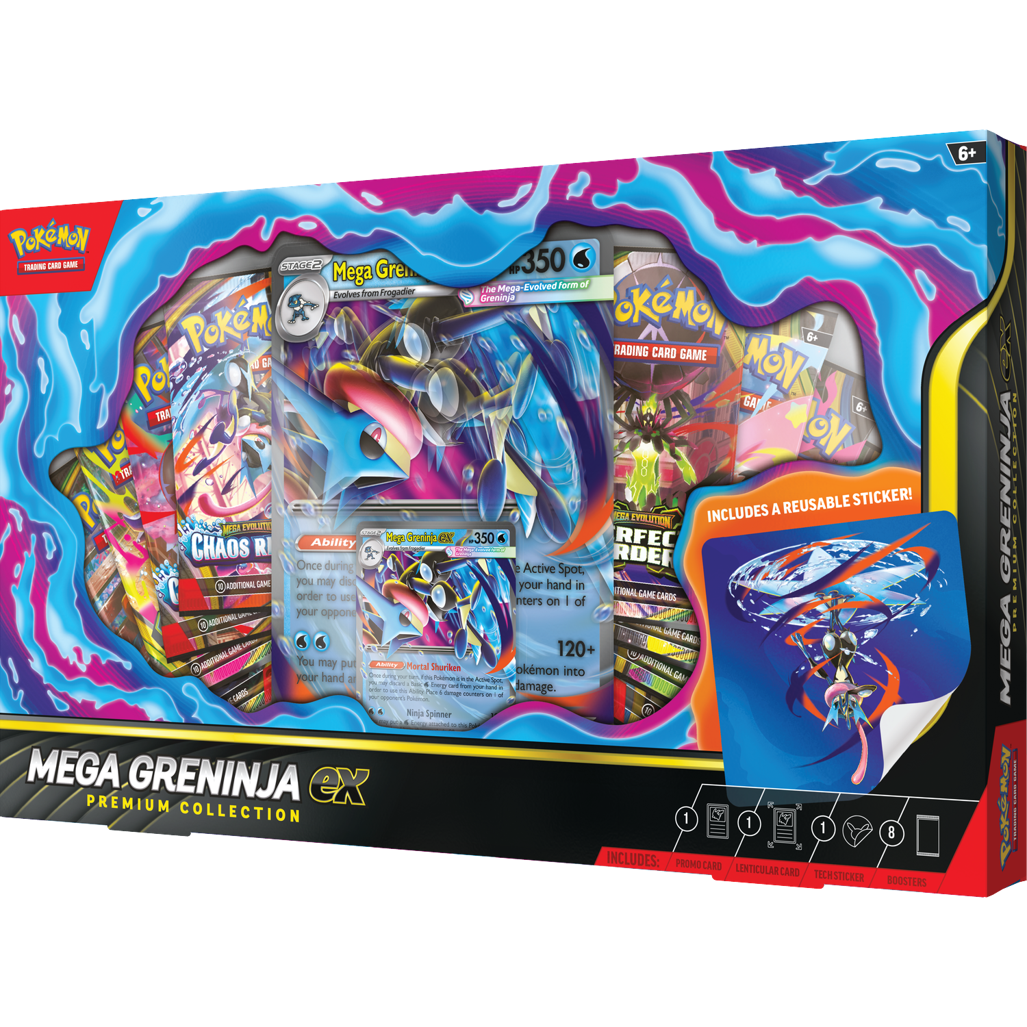 Pokémon Mega Greninja EX Premium Collection Box with cards and stickers.