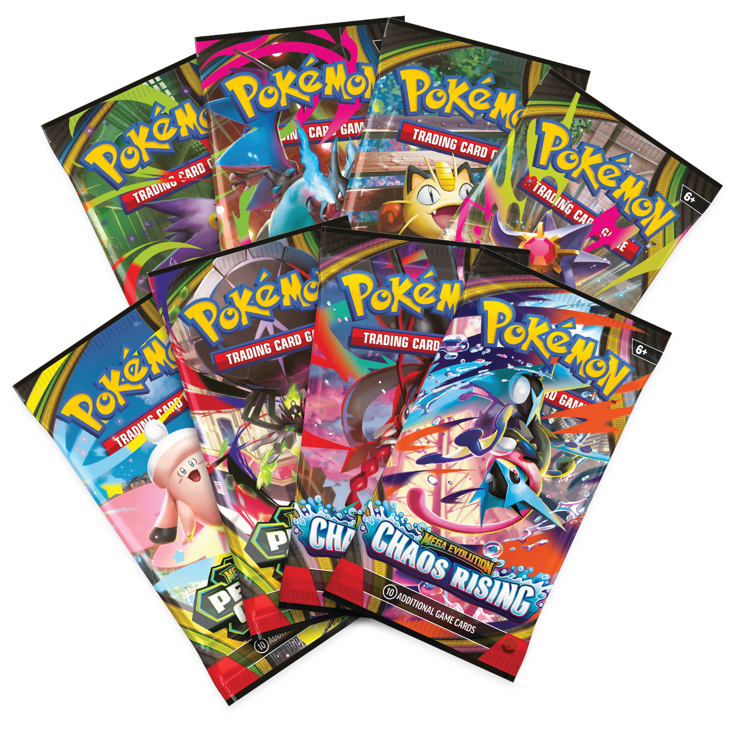 Several Pokemon trading card packs arranged in a fanned out pattern on a black background.