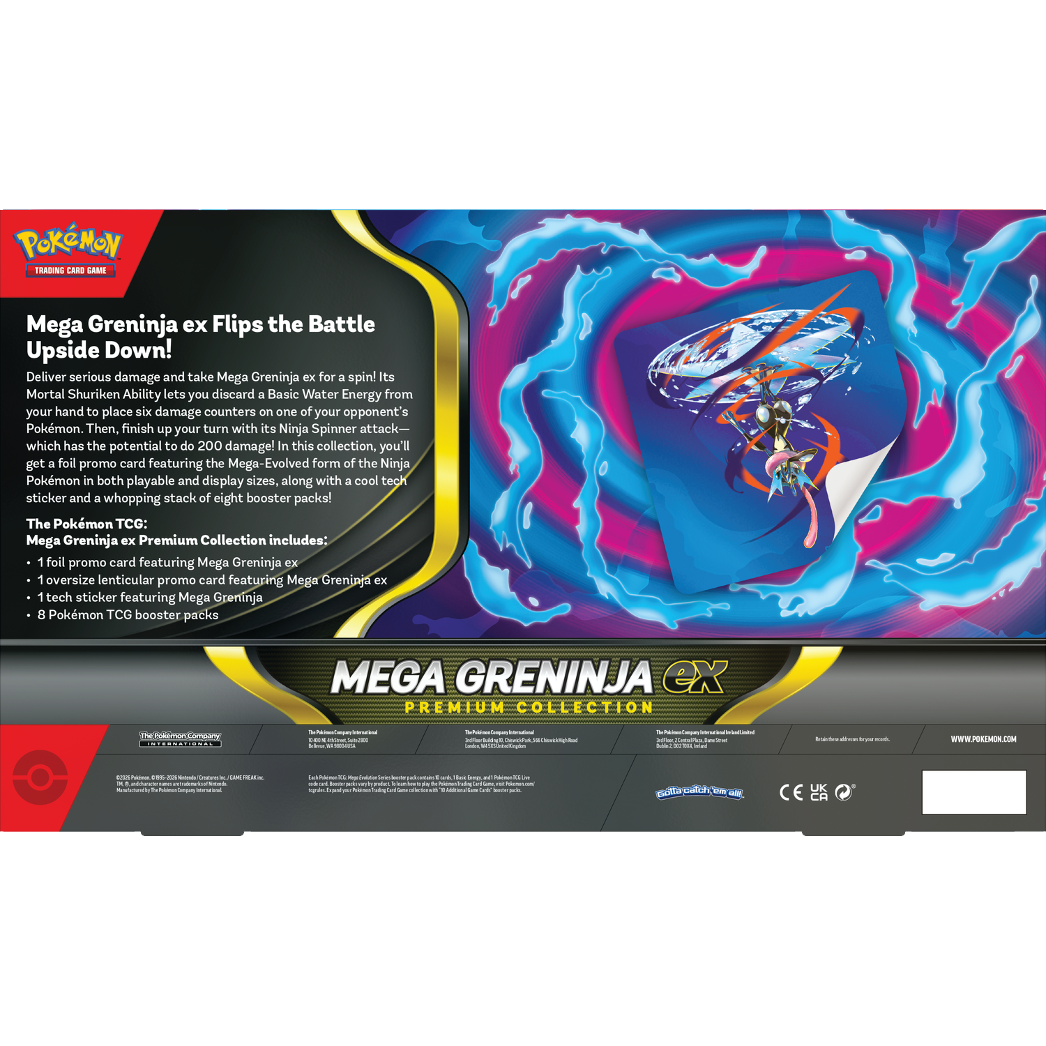 Pokémon TCG box featuring Mega Greninja ex, including cards, sticker, and booster packs.