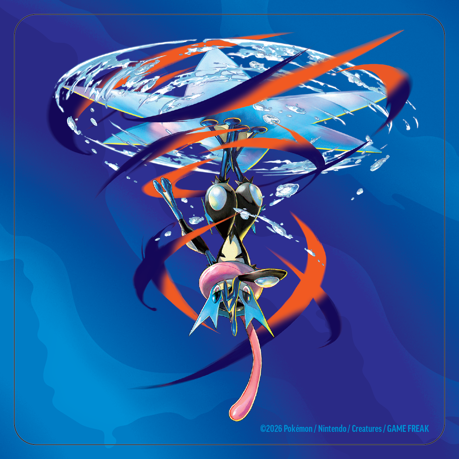 A black and blue Pokémon with a long pink tongue, surrounded by water and orange circles.