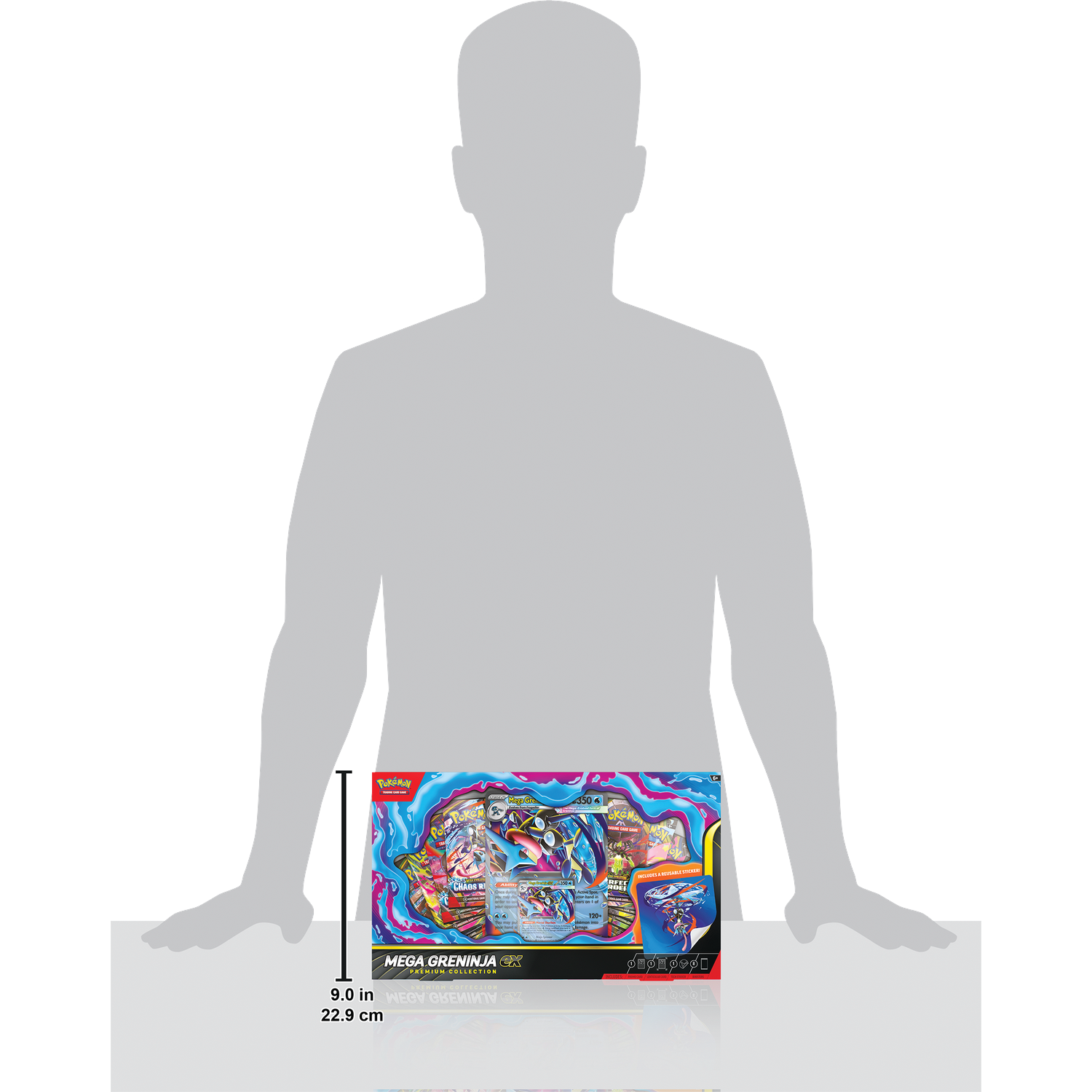 Mega Greninja EX Premium Collection box with Pokemon cards and stickers.