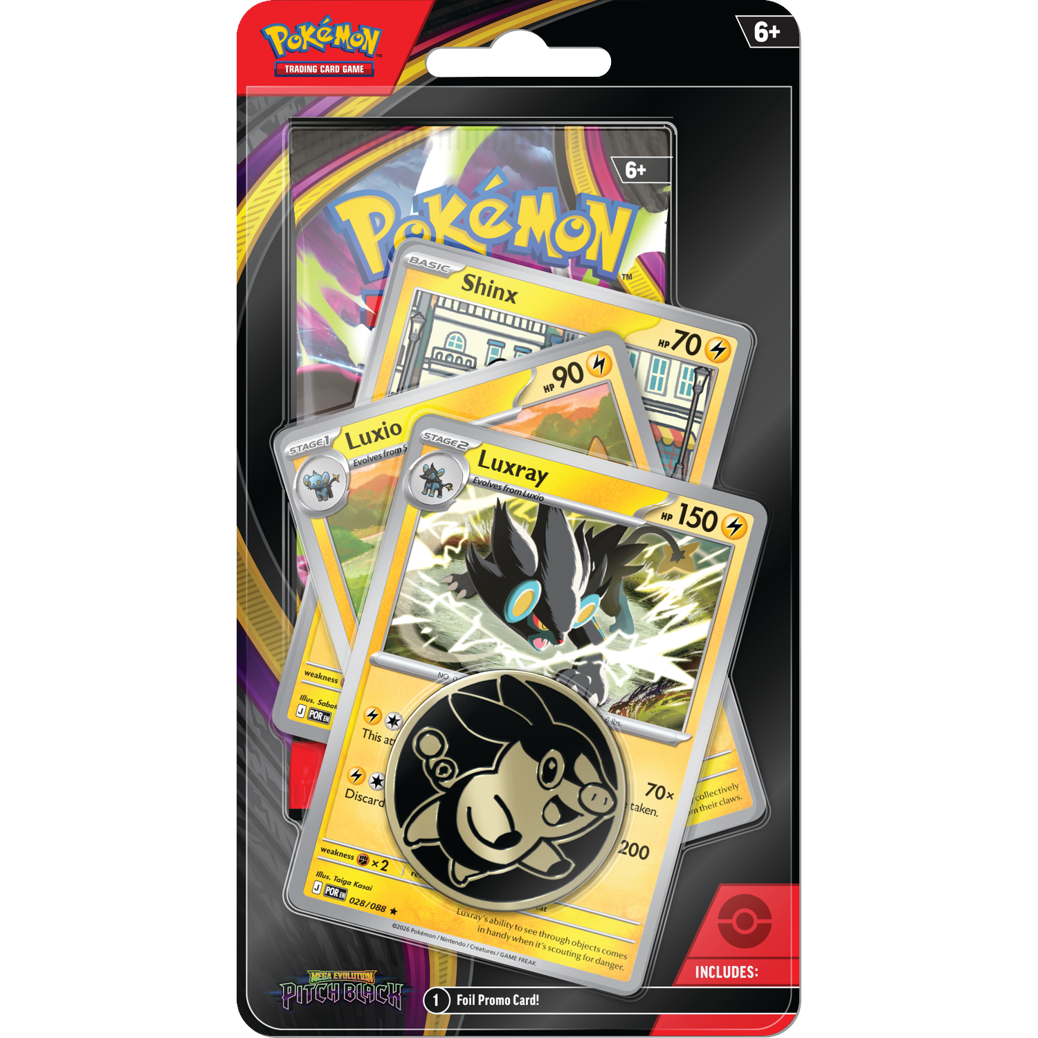 Pokemon Pitch Black deck with Shinx, Luxio, and Luxray cards and a coin.