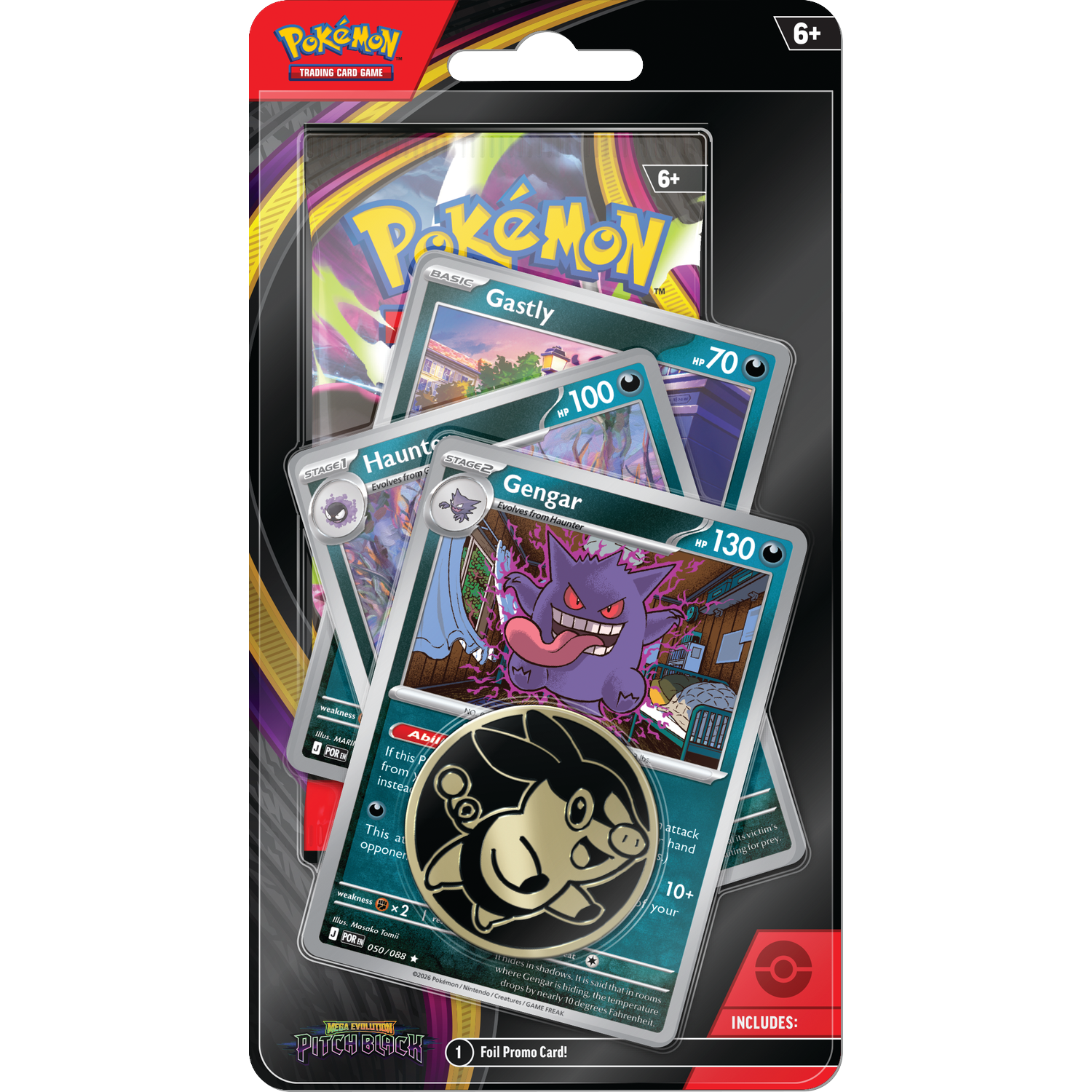 Pokemon Trading Card Game set featuring Gastly, Haunter, and Gengar cards, plus a coin.