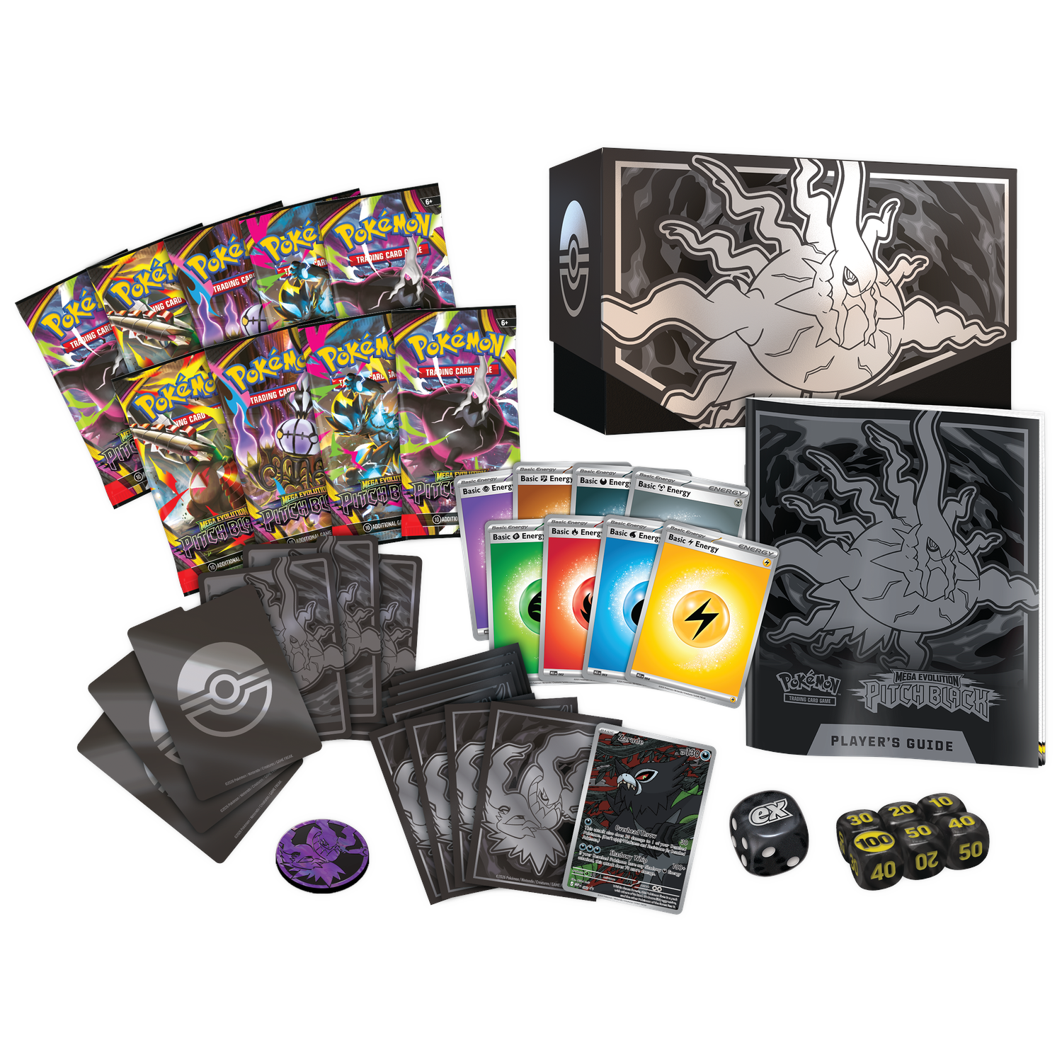 Pokemon trading cards, energy cards, dice, coin, and player's guide in a box.