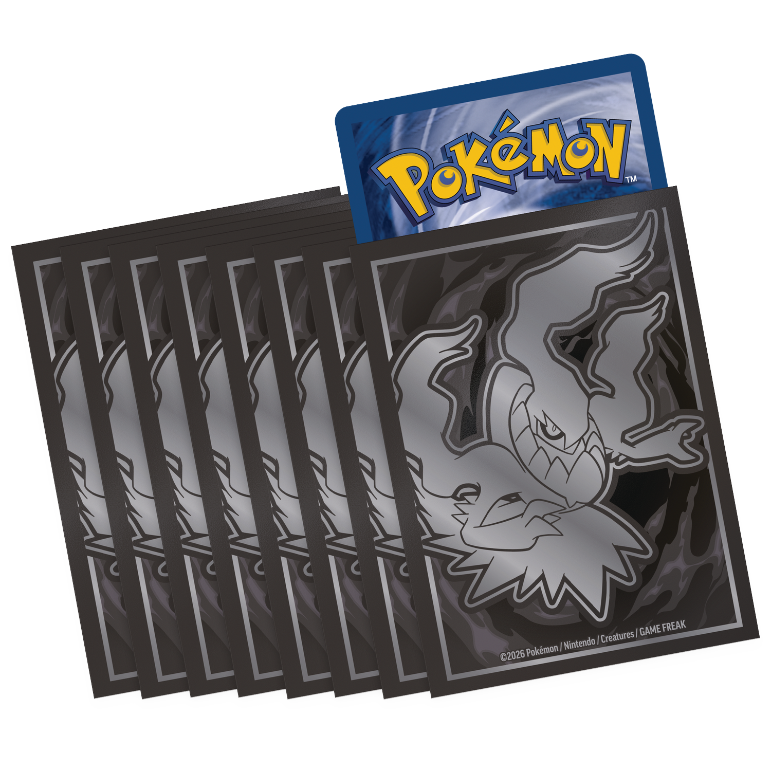 Stack of black card sleeves featuring Darkrai, one with Pokémon logo visible.