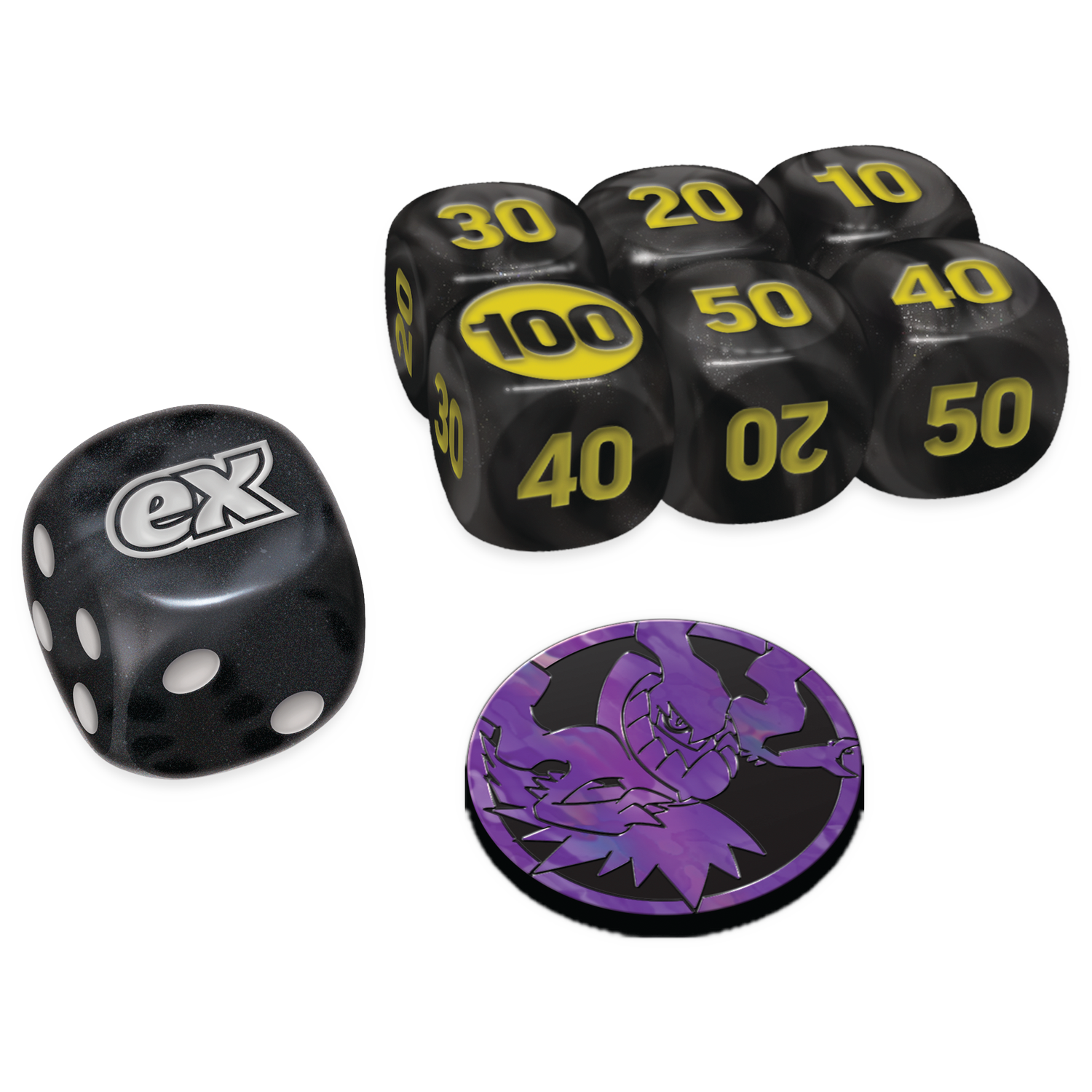 Black dice with yellow numbers and a purple token featuring a Pokémon.
