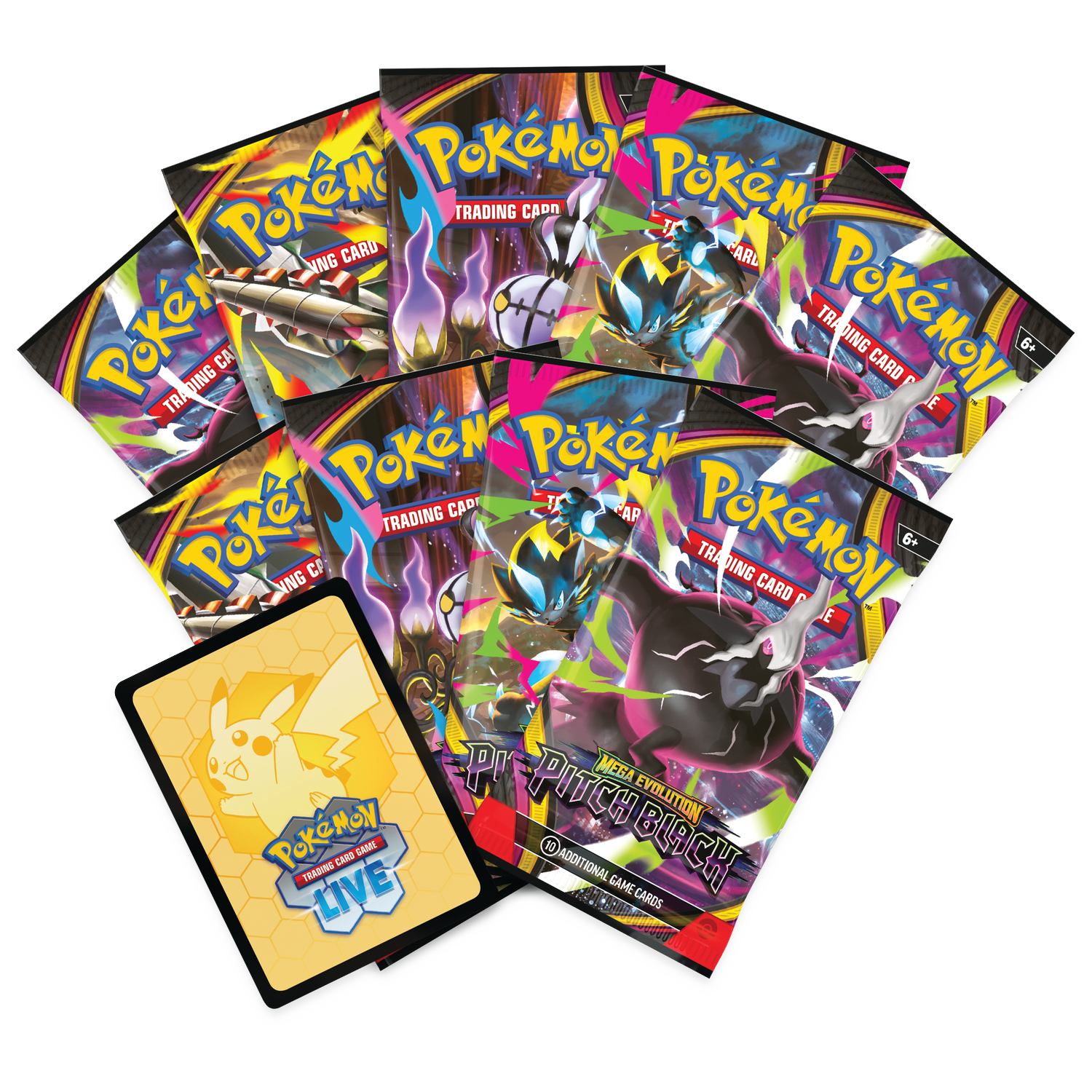 Multiple Pokemon trading card game booster packs with various Pokemon designs.