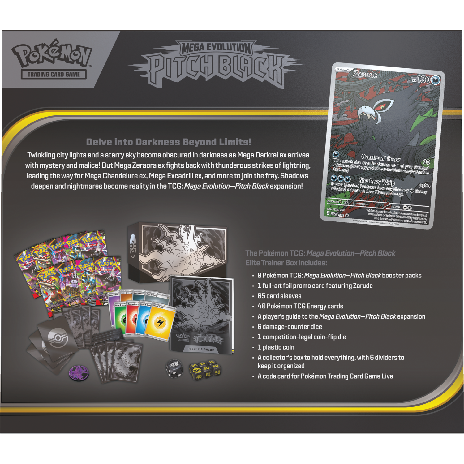 Pokemon TCG Mega Evolution Pitch Black Elite Trainer Box with packs, sleeves, dice, coin.
