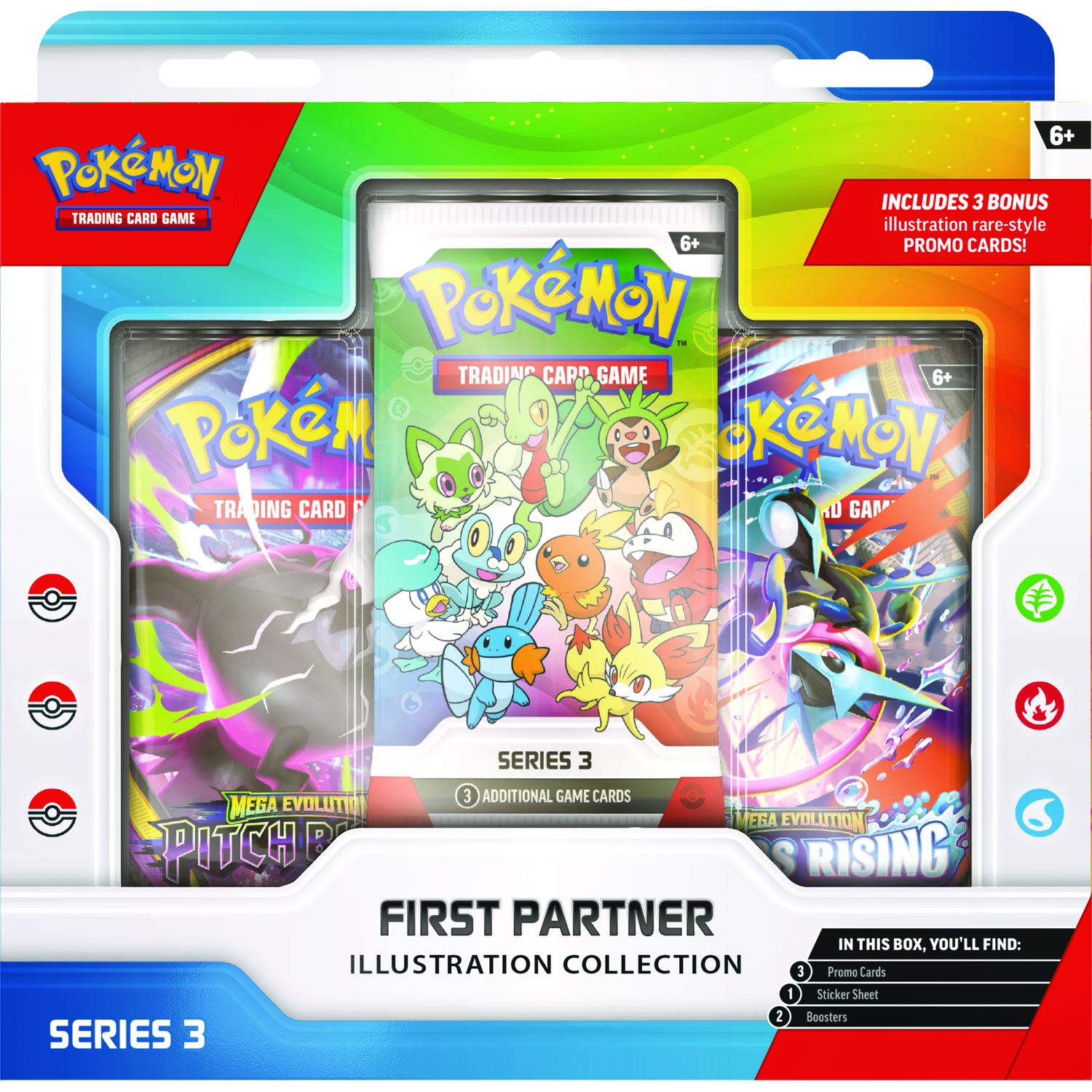 Pokemon Trading Card Game box with three boosters and promo cards.