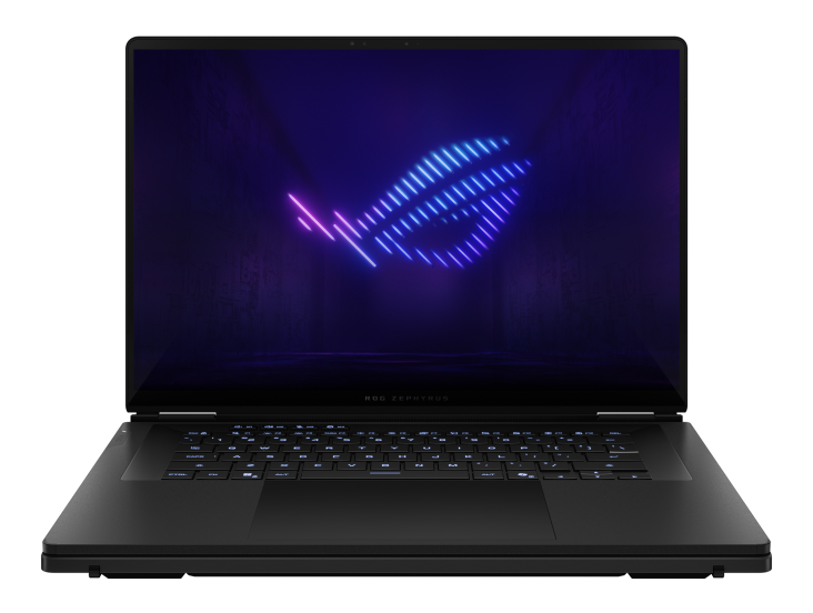 Czarny laptop z podświetlanym logo ROG na ekranie i klawiaturze.