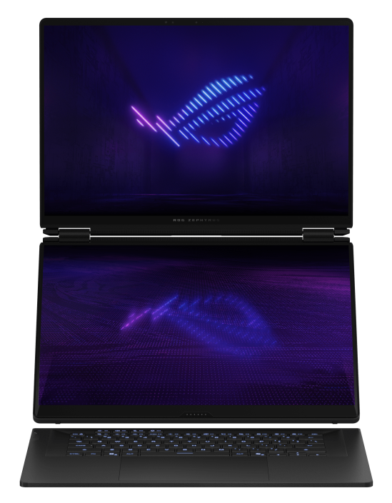 Otwarty laptop z dwoma ekranami, oba wyświetlają logo ROG w kolorze neonowego błękitu i fioletu.