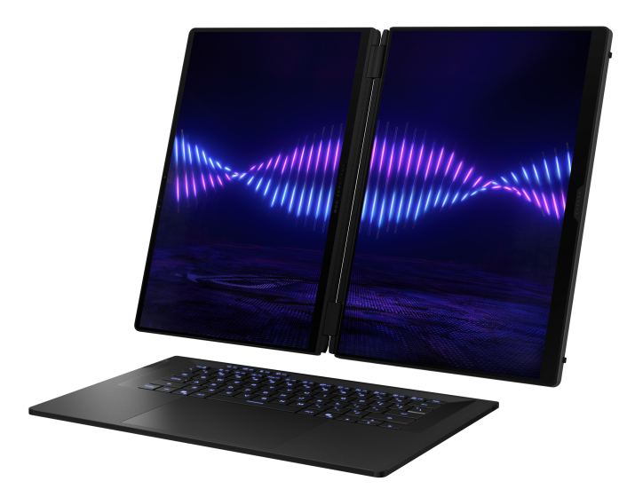 Czarny laptop z dwoma ekranami obok siebie wyświetlającymi neonowy wzór fali.