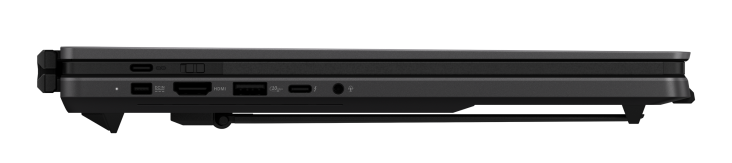 Widok z boku ciemnoszarego laptopa pokazujący porty: USB-C, HDMI, USB-A, gniazdo audio.