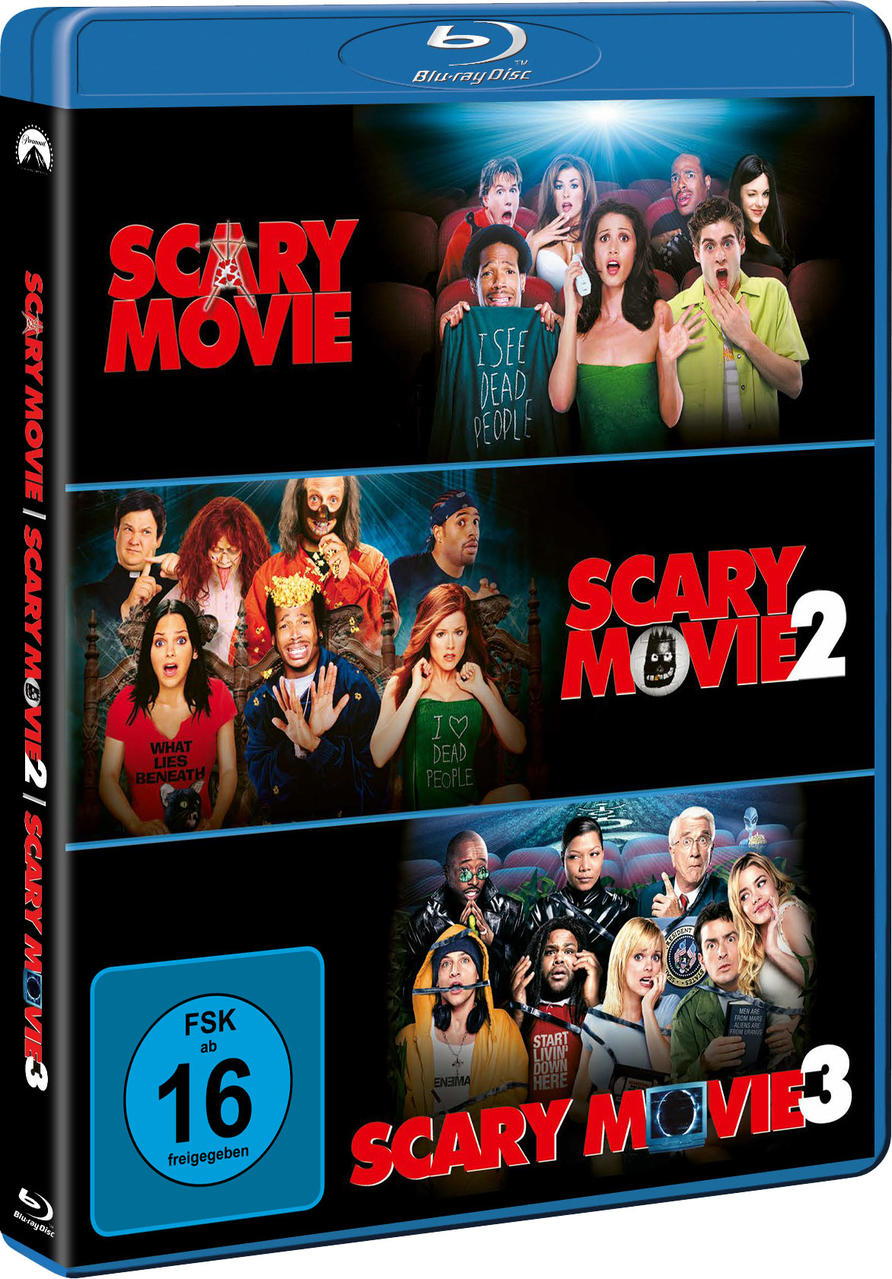 Blu-ray-Hülle mit den Filmen Scary Movie 1, 2 und 3 und deren Darstellern.