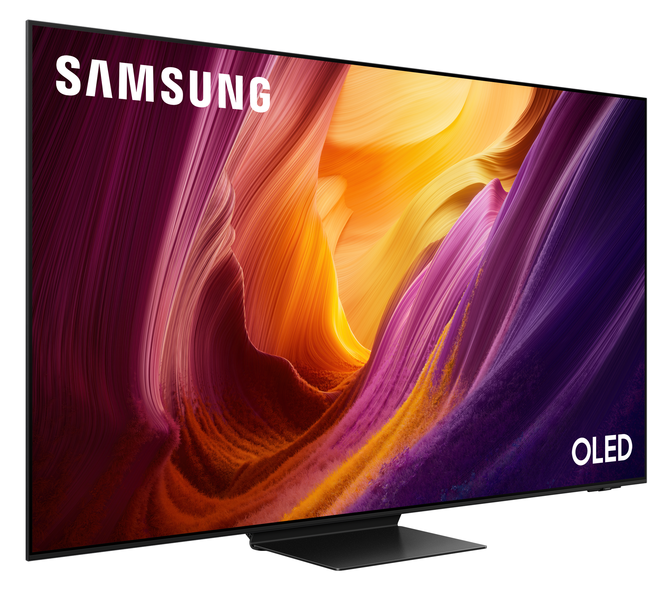 Telewizor Samsung OLED wyświetlający abstrakcyjne, kolorowe tło w kolorach fioletowym, pomarańczowym i żółtym.