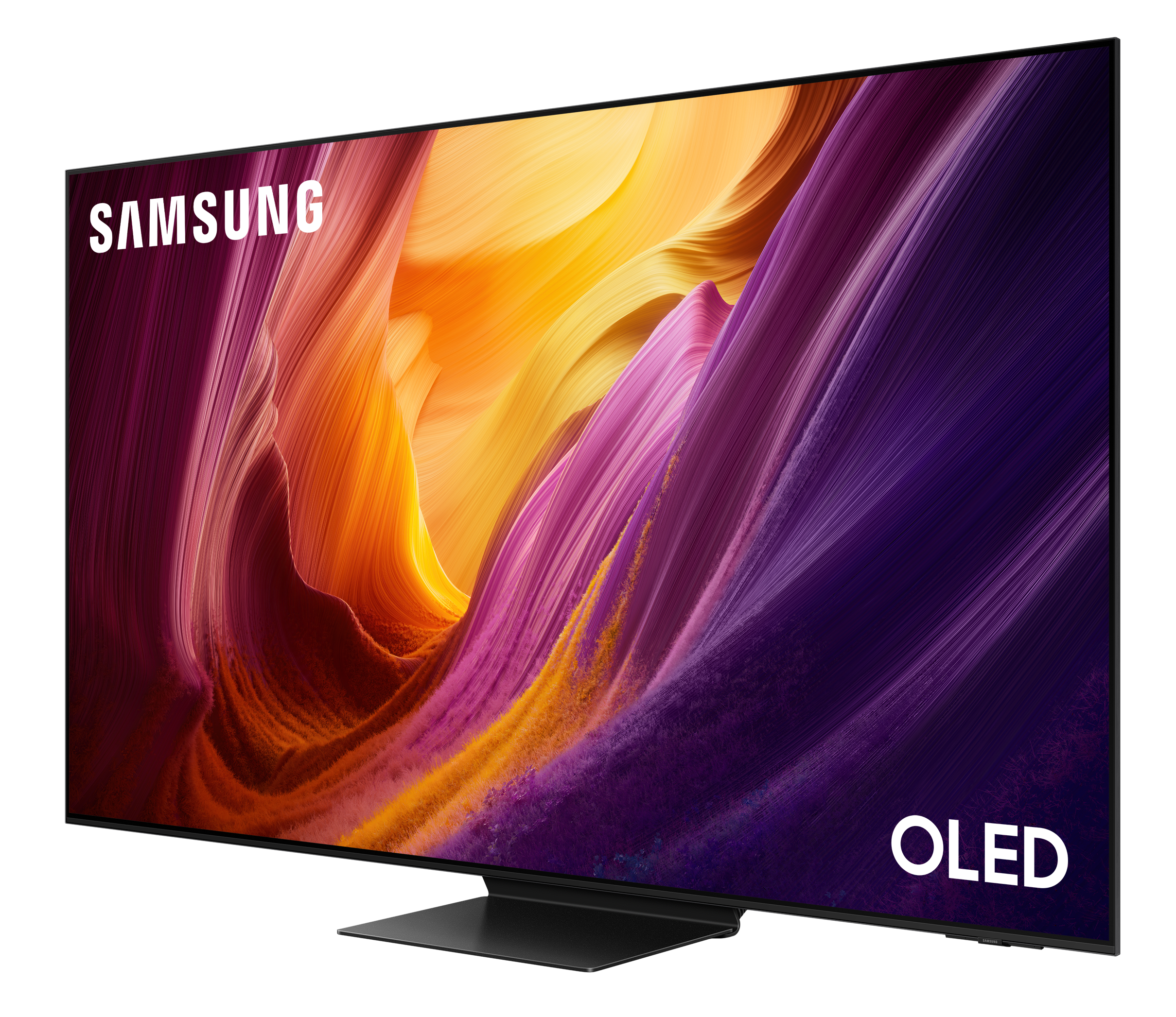 Telewizor Samsung OLED z abstrakcyjnym, kolorowym tłem.