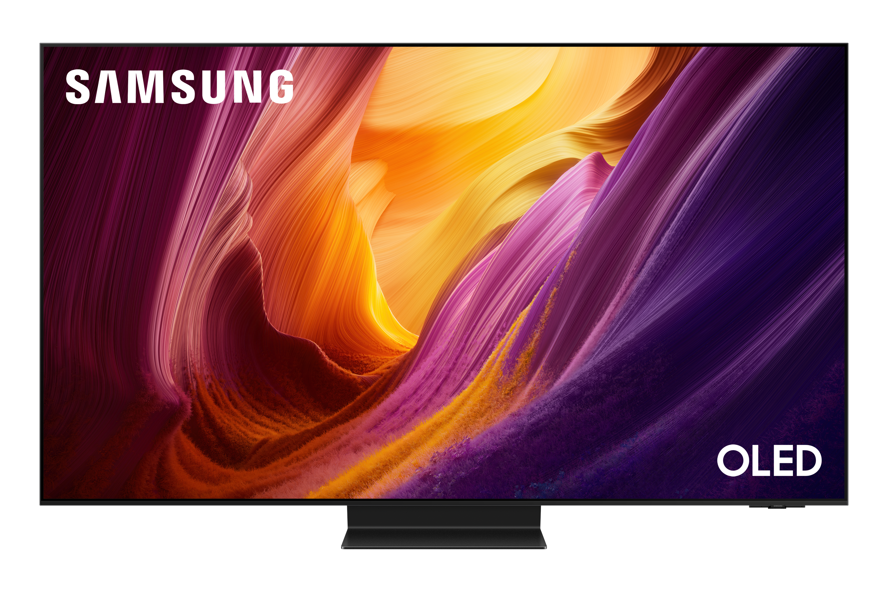 Telewizor Samsung OLED z abstrakcyjnym, kolorowym tłem w odcieniach fioletu i pomarańczy.