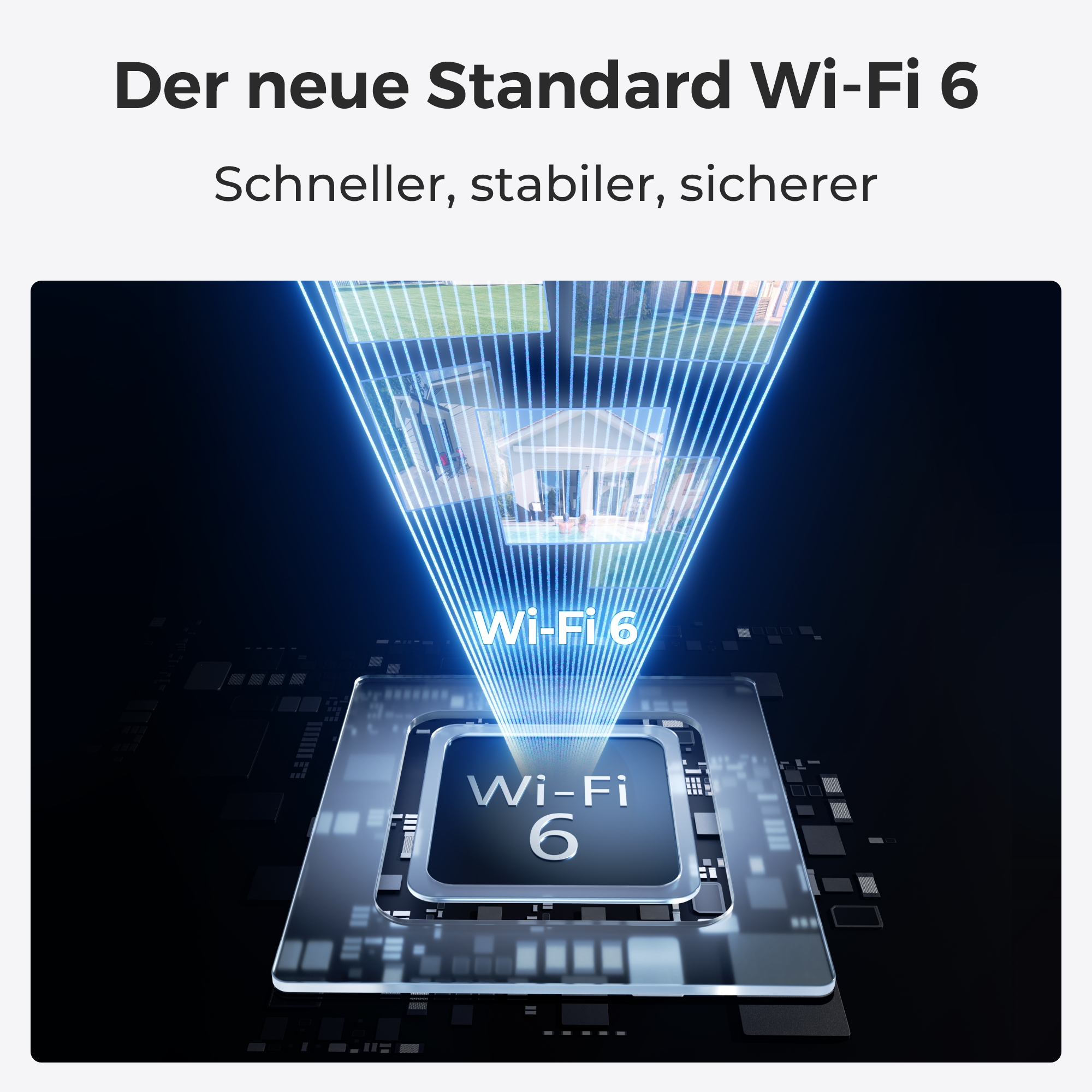 Grafik zeigt ein Wi-Fi 6 Symbol über einem Chip. Häuser sind projiziert.