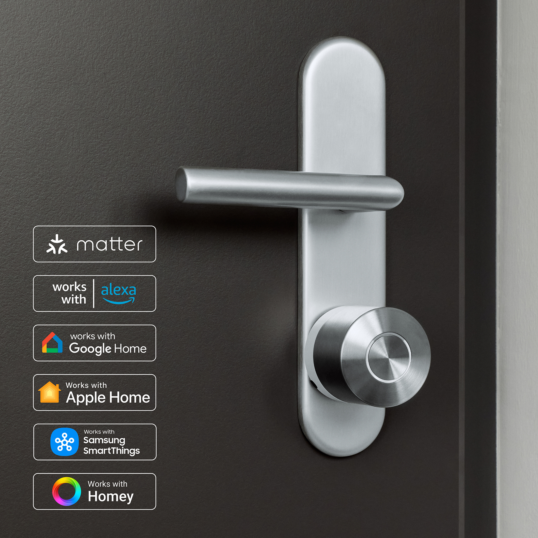 Ezüst ajtókilincs Matter, Alexa, Google Home, Apple Home, Samsung SmartThings és Homey logókkal.
