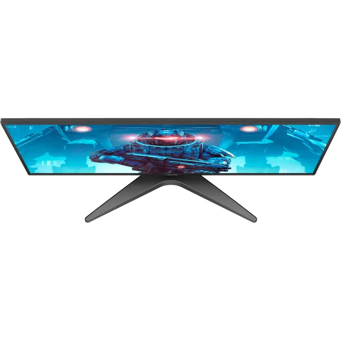 Un monitor muestra una nave espacial con luces rojas sobre un fondo azul.