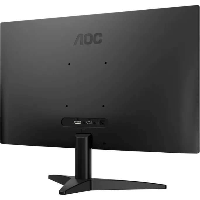 Parte trasera de un monitor AOC negro con puertos HDMI y de alimentación. Montado en un soporte.