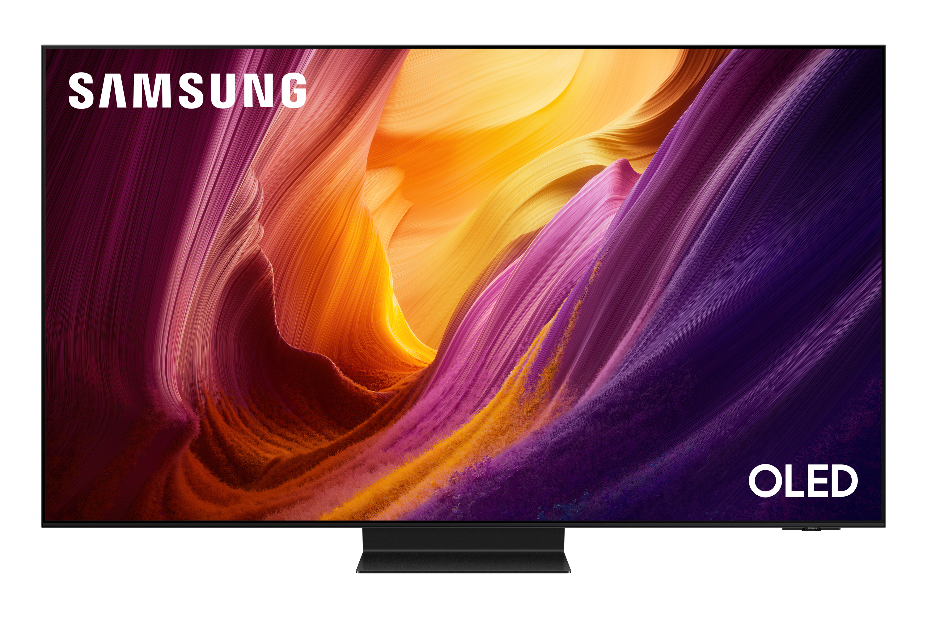 Telewizor Samsung OLED wyświetla kolorowe, abstrakcyjne tło.