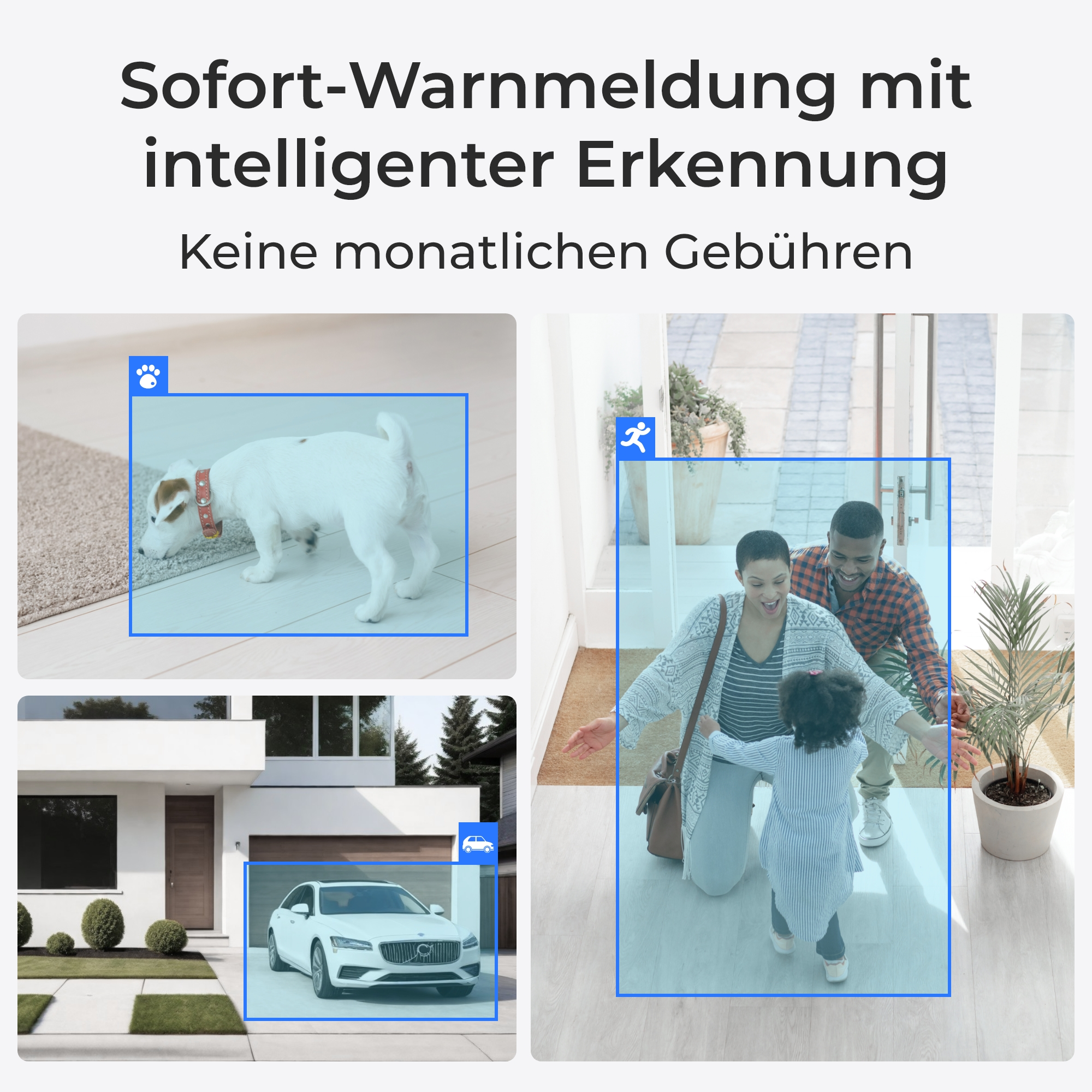 Ein Hund auf einem Teppich, eine Familie am Eingang, ein Auto vor einem Haus.