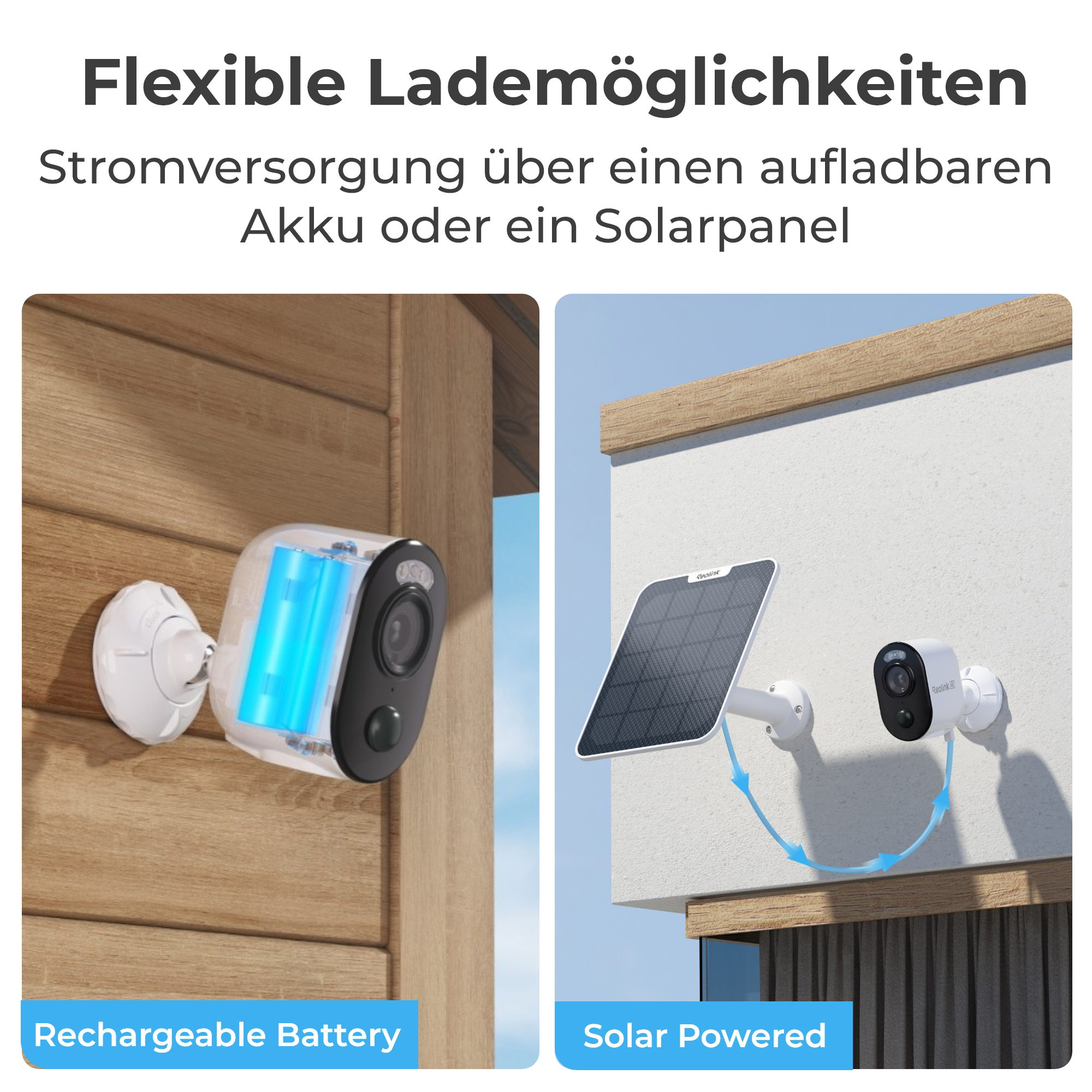 Überblick über flexible Lademöglichkeiten: Akku und Solarpanel.