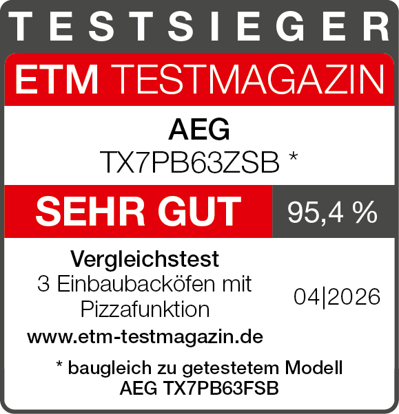 TESTSIEGER Siegel für AEG TX7PB63ZSB, SEHR GUT, 95,4%.