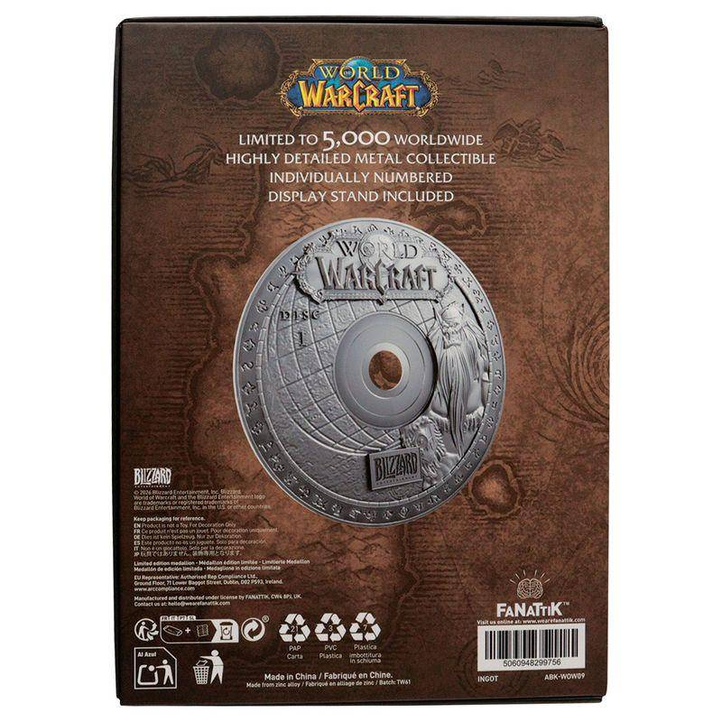 Disco coleccionable de World of Warcraft sobre fondo marrón con texto.