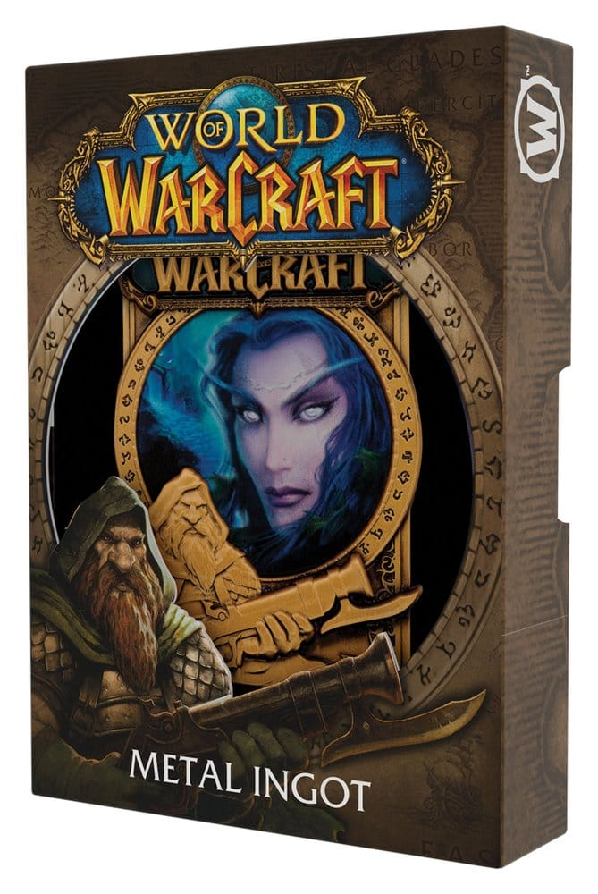 Caja World of Warcraft Metal Ingot con arte de enano y elfa.