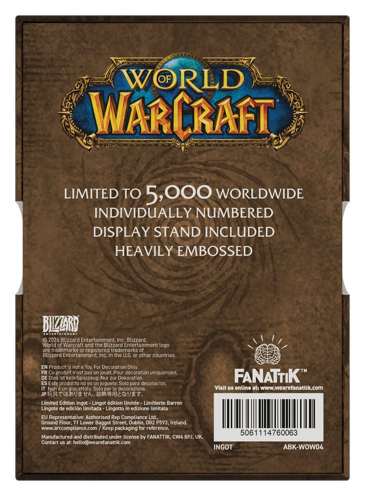Logo de World of Warcraft, edición limitada, detalles de Blizzard y Fanattik sobre fondo marrón.