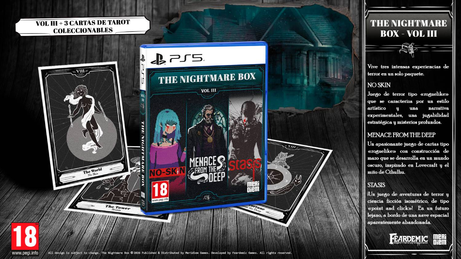 Juego PS5 "The Nightmare Box Vol. III" con cartas de tarot y caja.